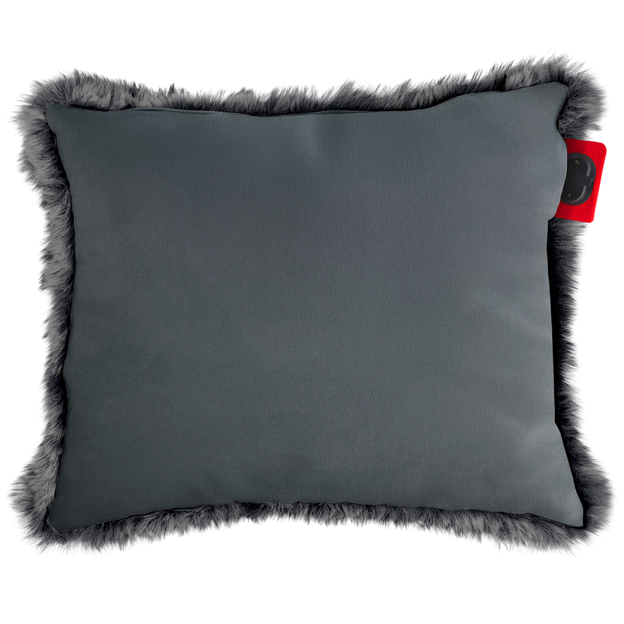 A gray rectangular pillow with gray fur trim. A red tag with black details is on the right side of the pillow.