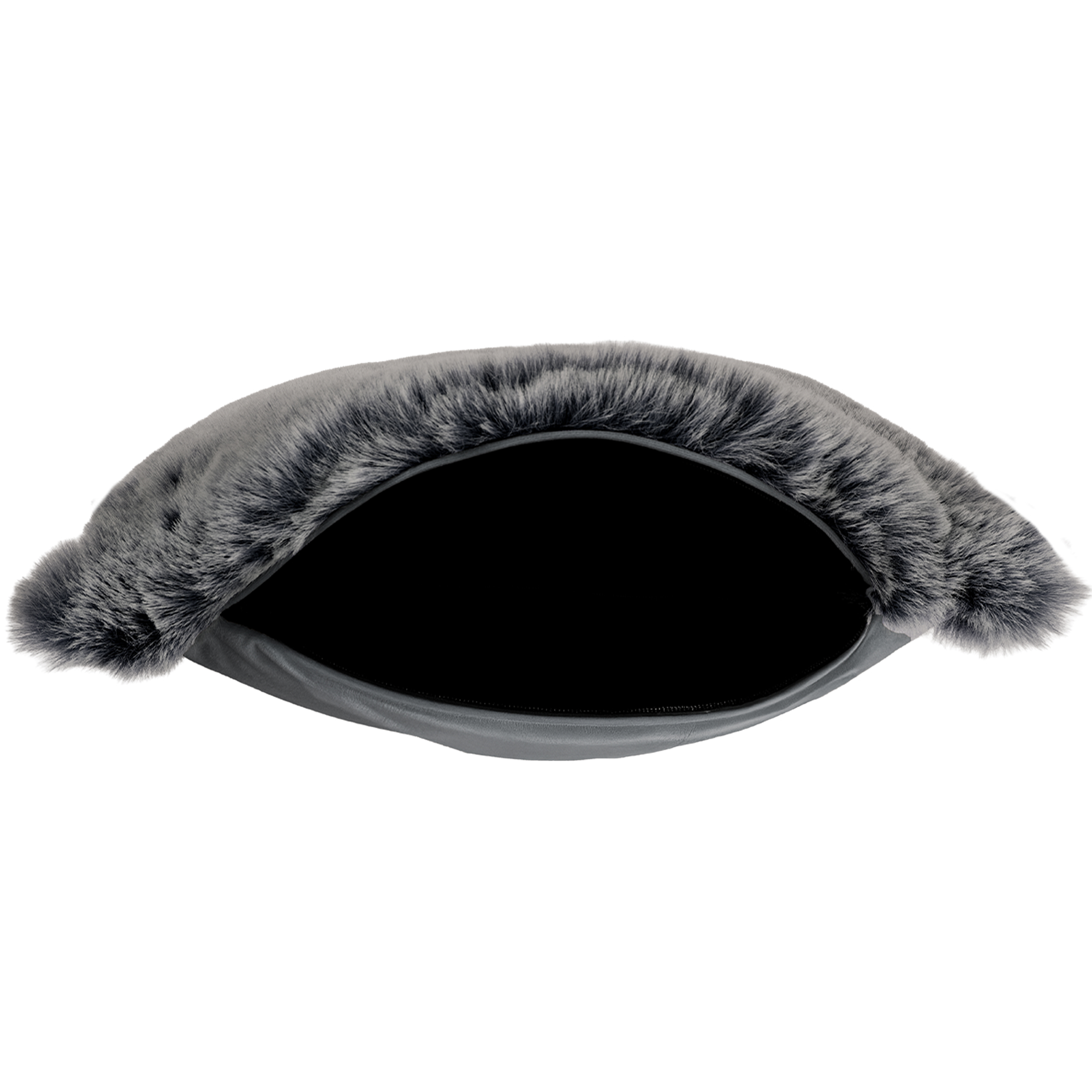 Un conteneur gris et poilu à dessus ouvert. L'intérieur est noir, l'extérieur gris avec de la fourrure et le fond blanc.