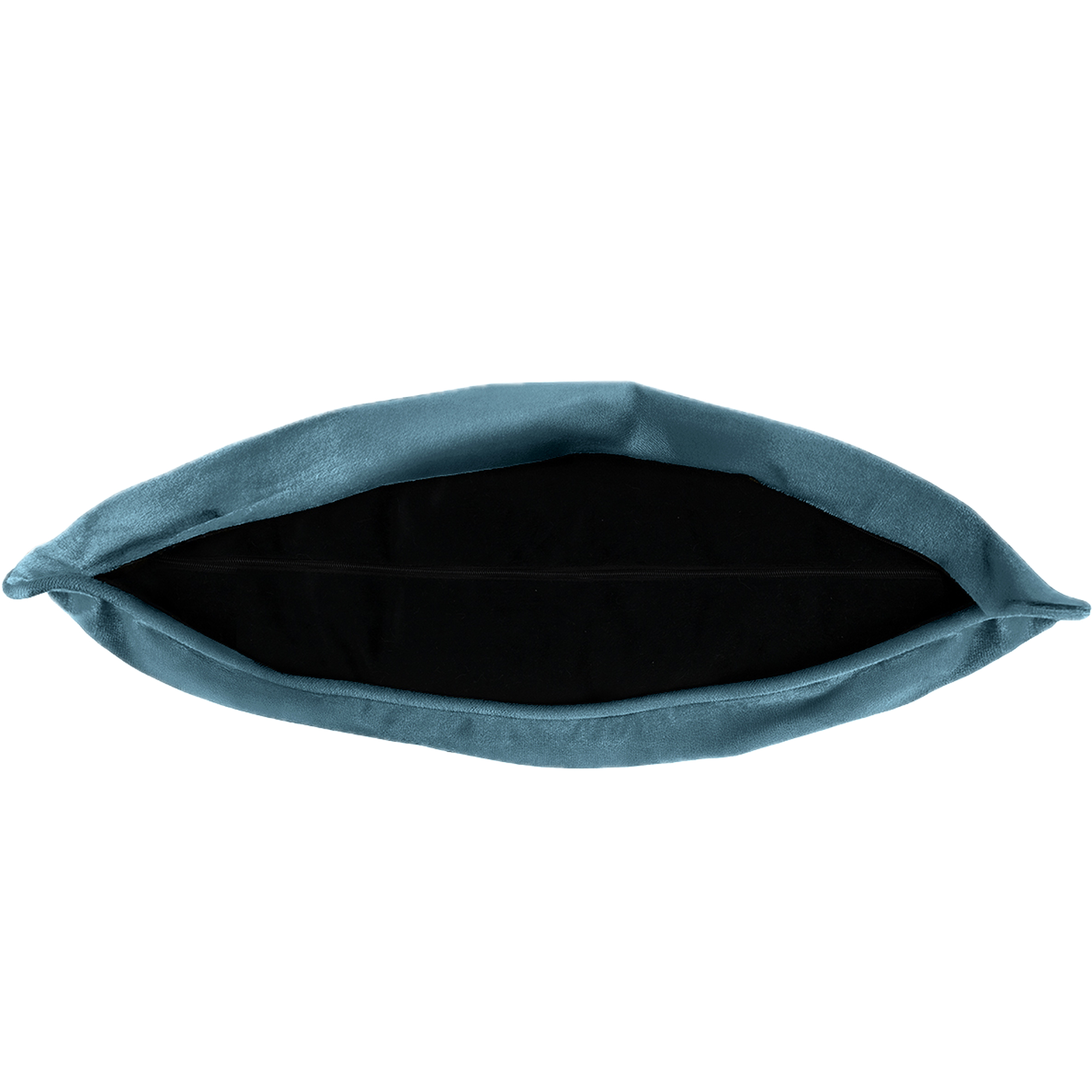 Un coussin sarcelle avec un intérieur noir est ouvert sur fond blanc.