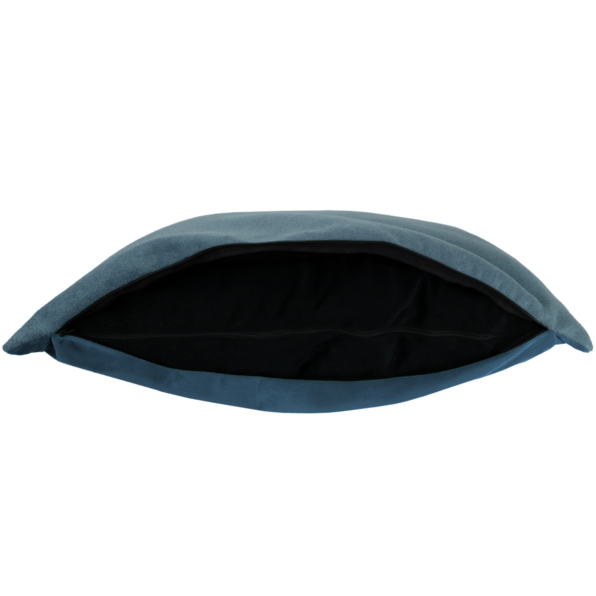 A teal pillow with a black interior. The pillow is open, showing the inside. Background is white.