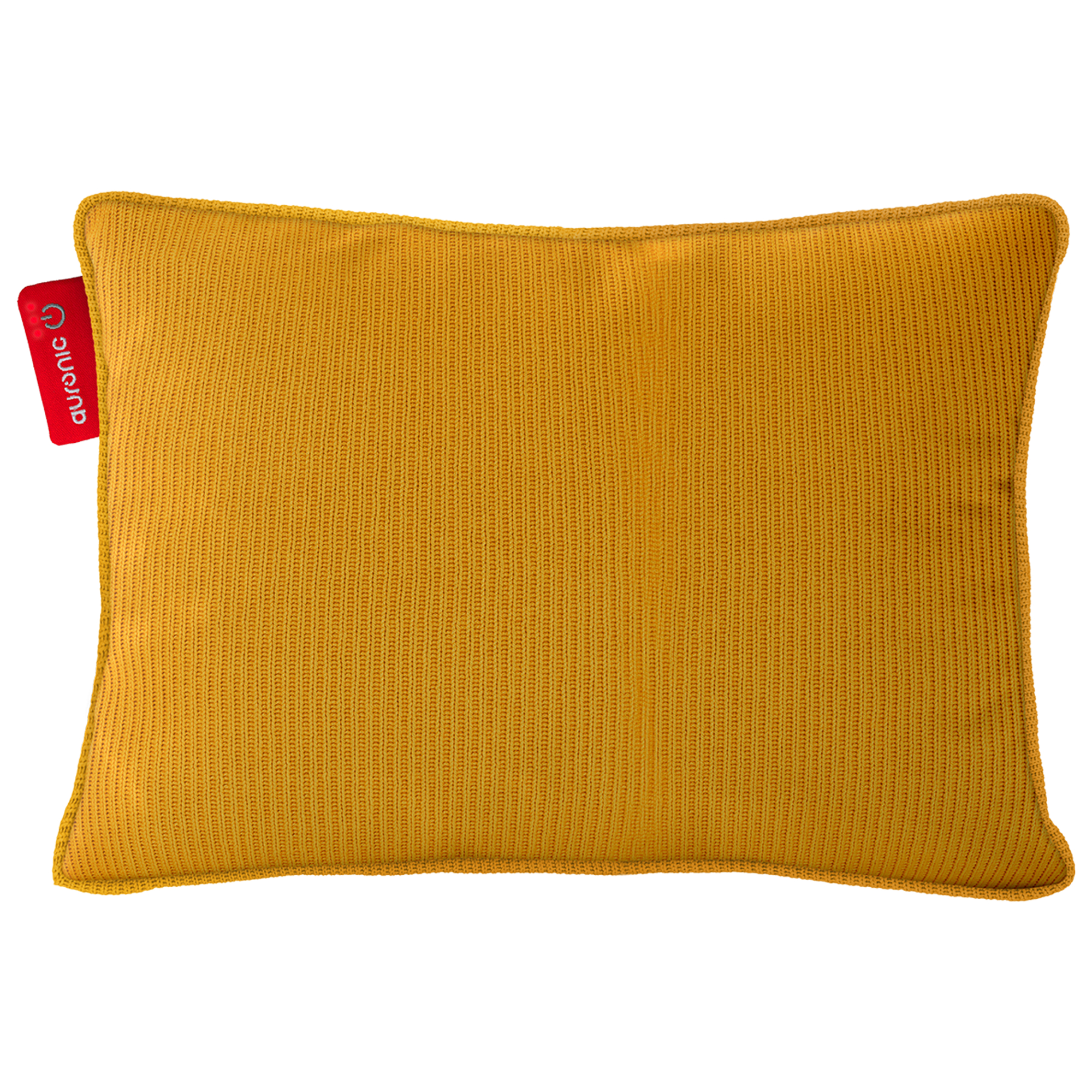 Un oreiller jaune moutarde avec une surface texturée et une étiquette rouge indiquant 'auronic'.