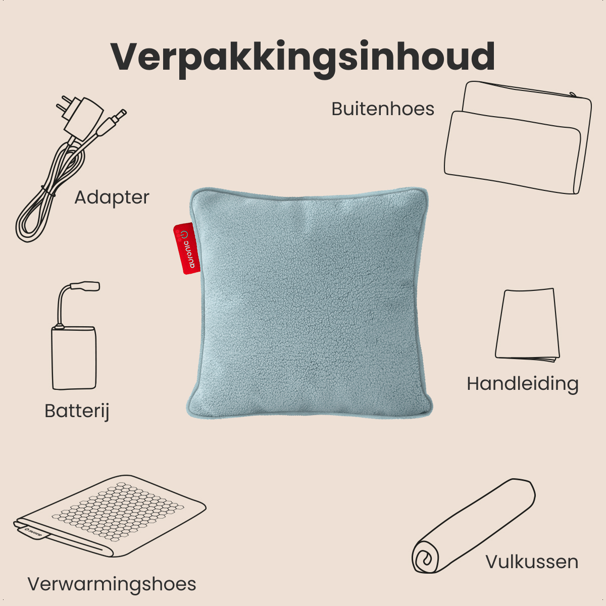 Diagram showing Verpakkingsinhoud (packaging content). Includes adapter, battery, heating pad, outer cover, manual, and a bolster pillow.