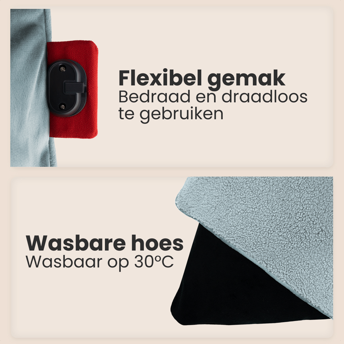 The image shows product details. It has text in Dutch, a black element and a light blue textile, and a red piece.