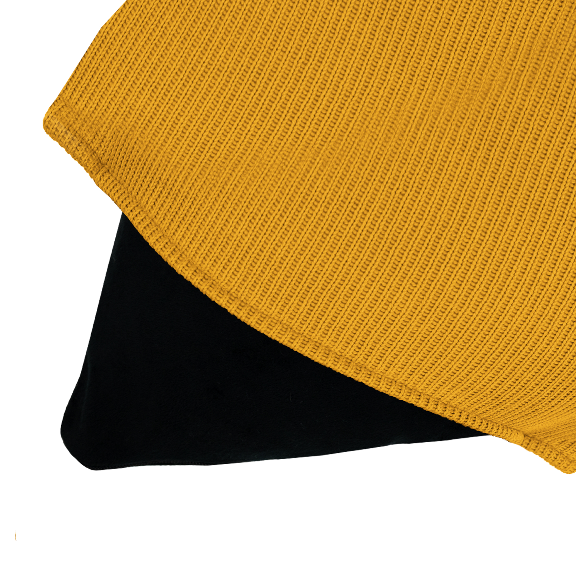 Tissu en tricot jaune moutarde sur tissu noir. Fond blanc.