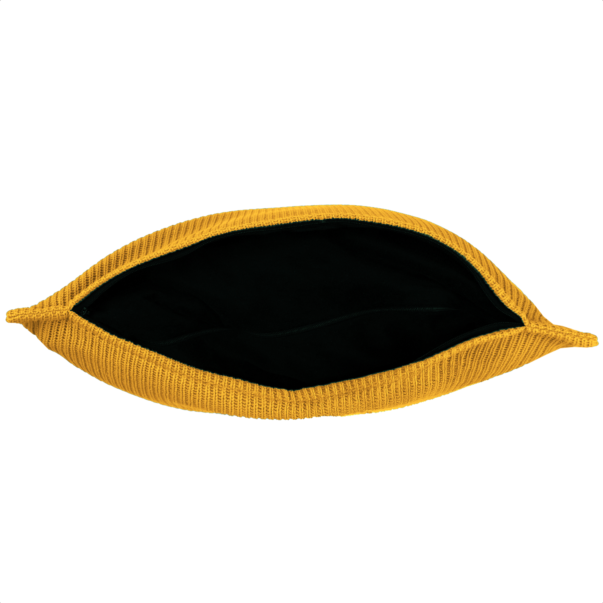 Coussin en tricot couleur moutarde avec intérieur noir. Le coussin est ouvert, révélant le tissu noir à l'intérieur. Fond blanc.