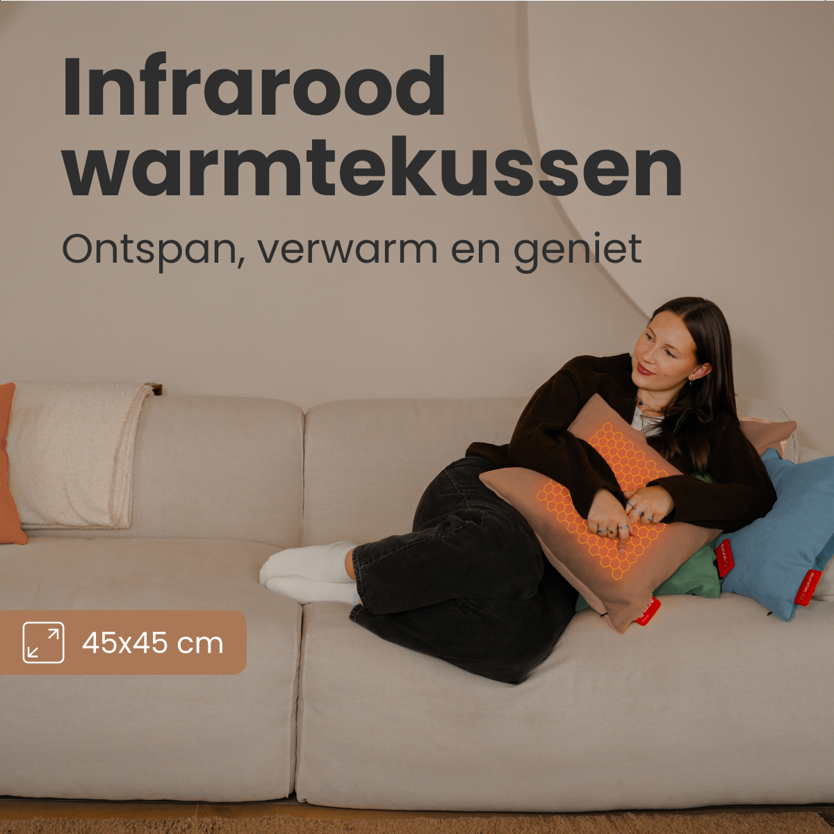 Woman on a couch with a heating pad. Text reads 'Infrared heating cushion'. Cushions of different colors are present.
