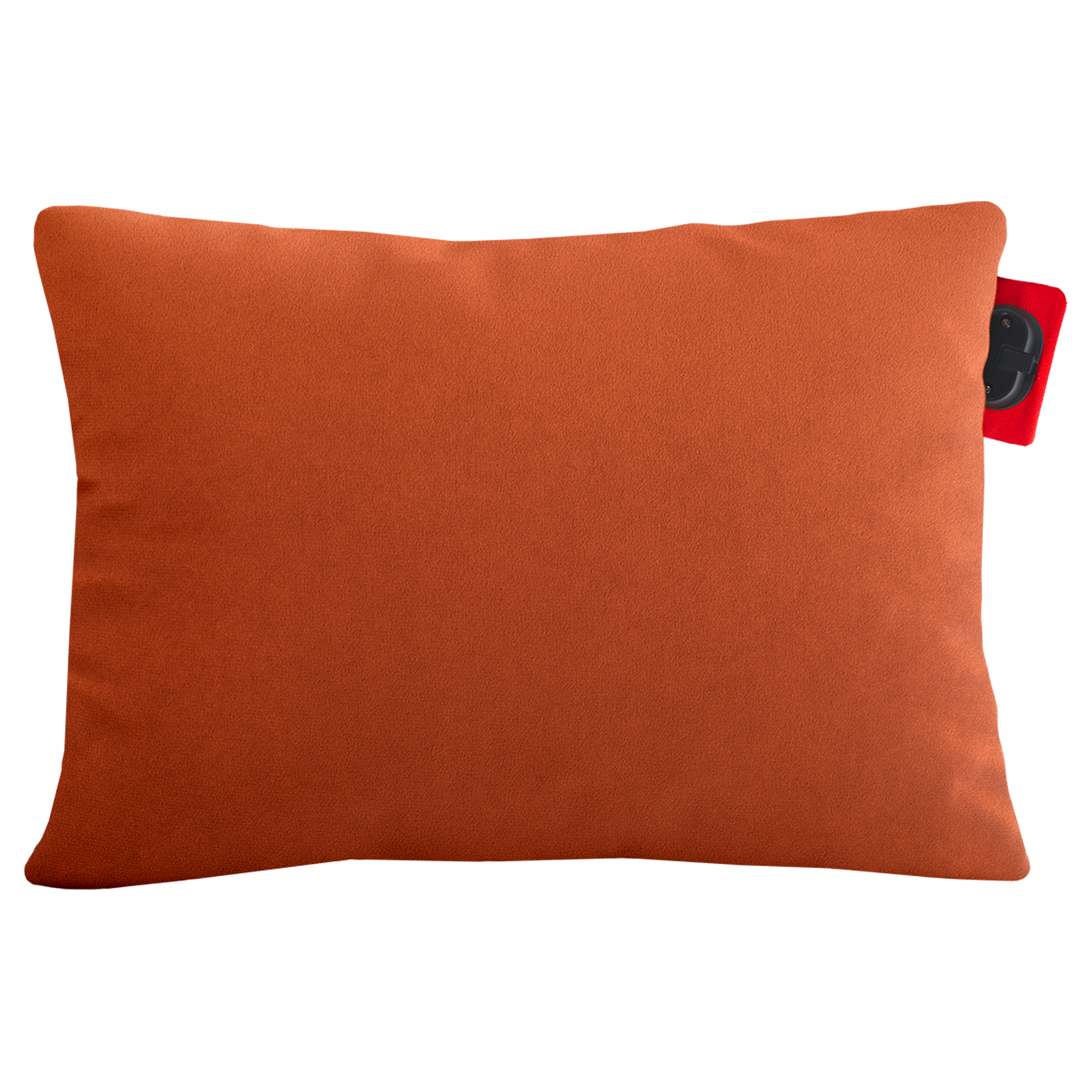 An orange pillow with a red tag and a black device attached to it, on a white background.