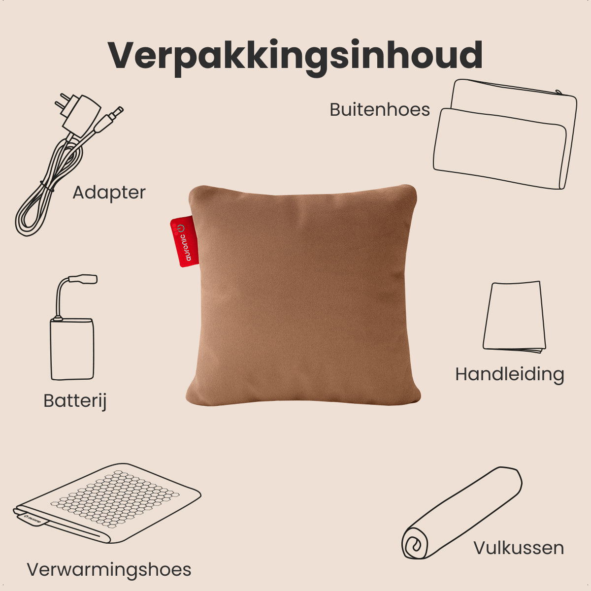 A brown cushion with a red tag, surrounded by drawings of an adapter, battery, heating pad, manual, outer cover, and a vulkussen.