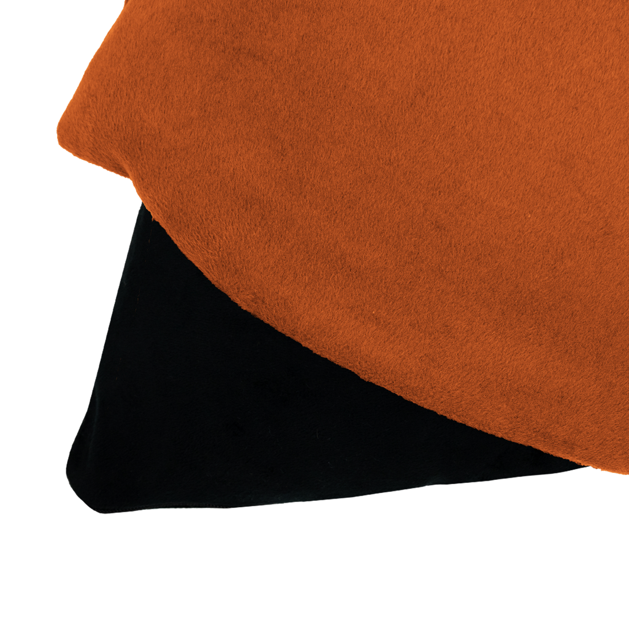 Two overlapping pieces of fabric. One is orange, the other black. The background is white.