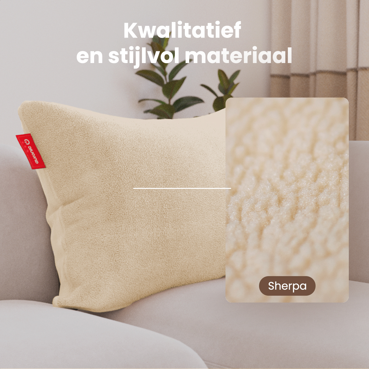 Beige pillow with a red tag on a gray sofa. A close-up shows the texture of the 'Sherpa' material. Text says 'Kwalitatief en stijlvol materiaal'.