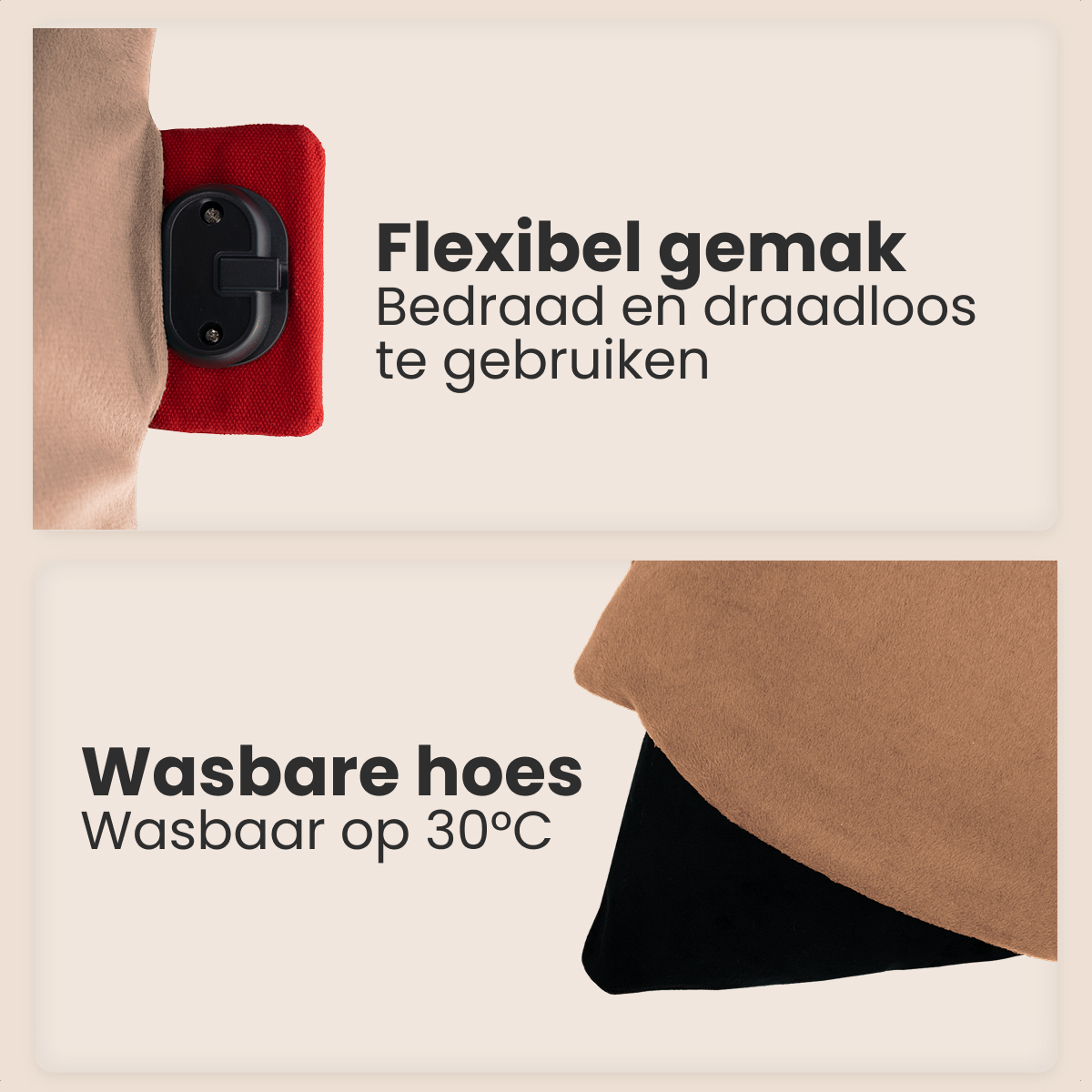 Image shows a red object with a black device. Text says 'Flexible comfort, wired and wireless use'. Bottom: 'Washable cover, washable at 30°C'.
