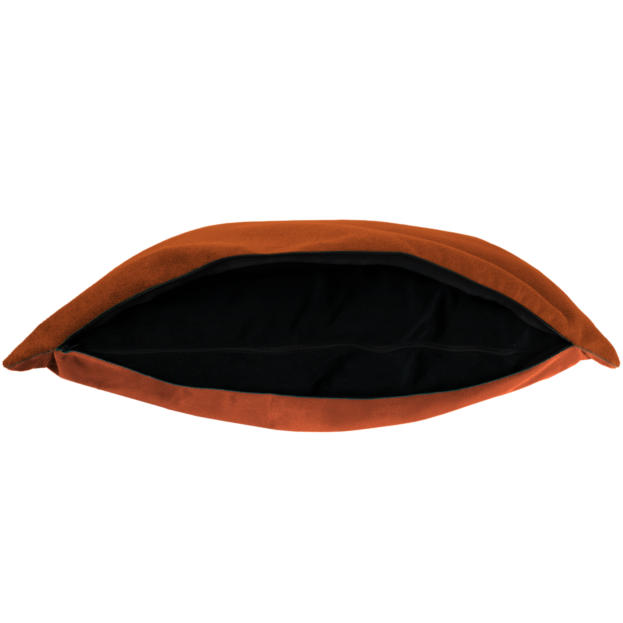 An orange pillow with a black opening. The pillow is on a white background. The opening has a zipper.