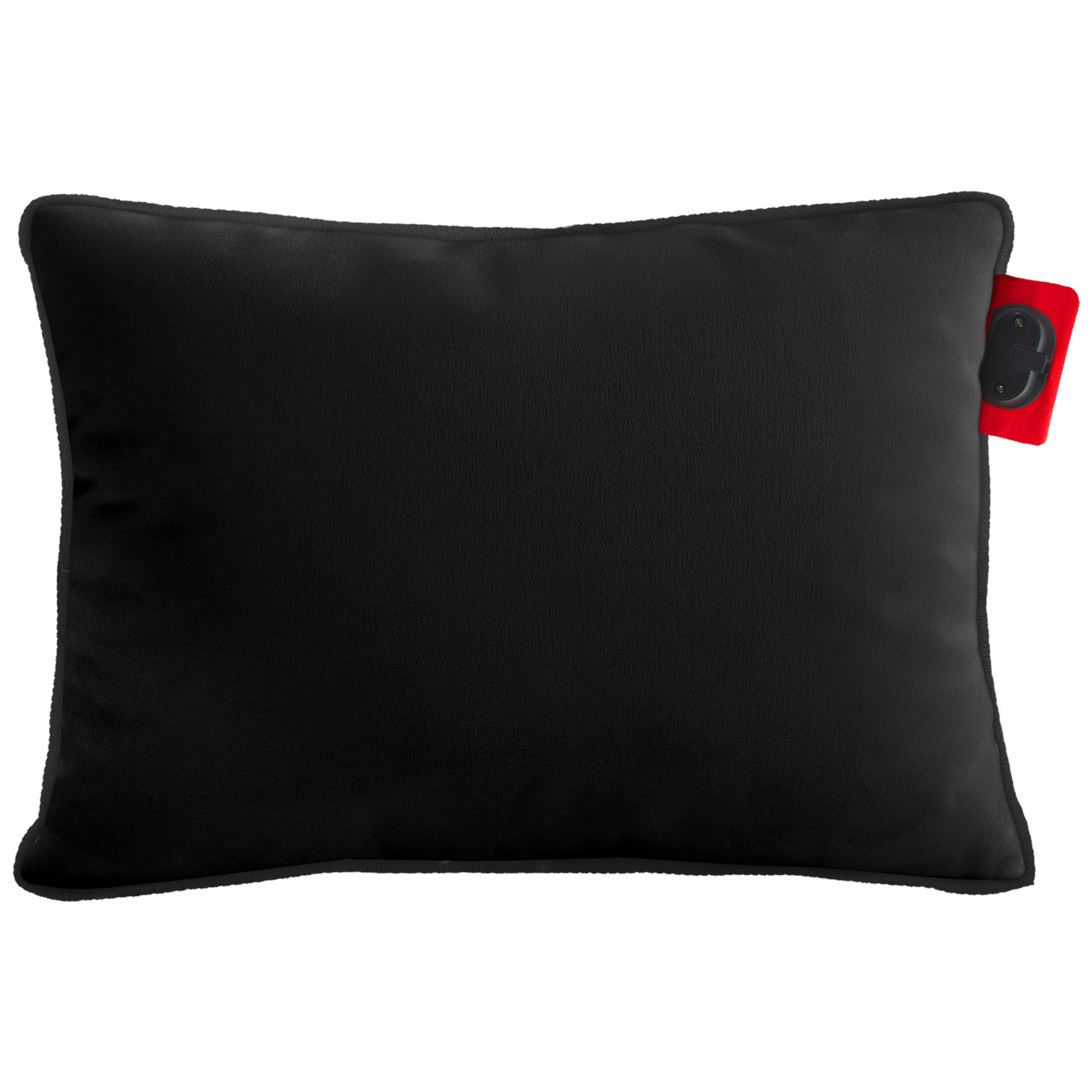 A black rectangular pillow with a red tag and a black button on it.