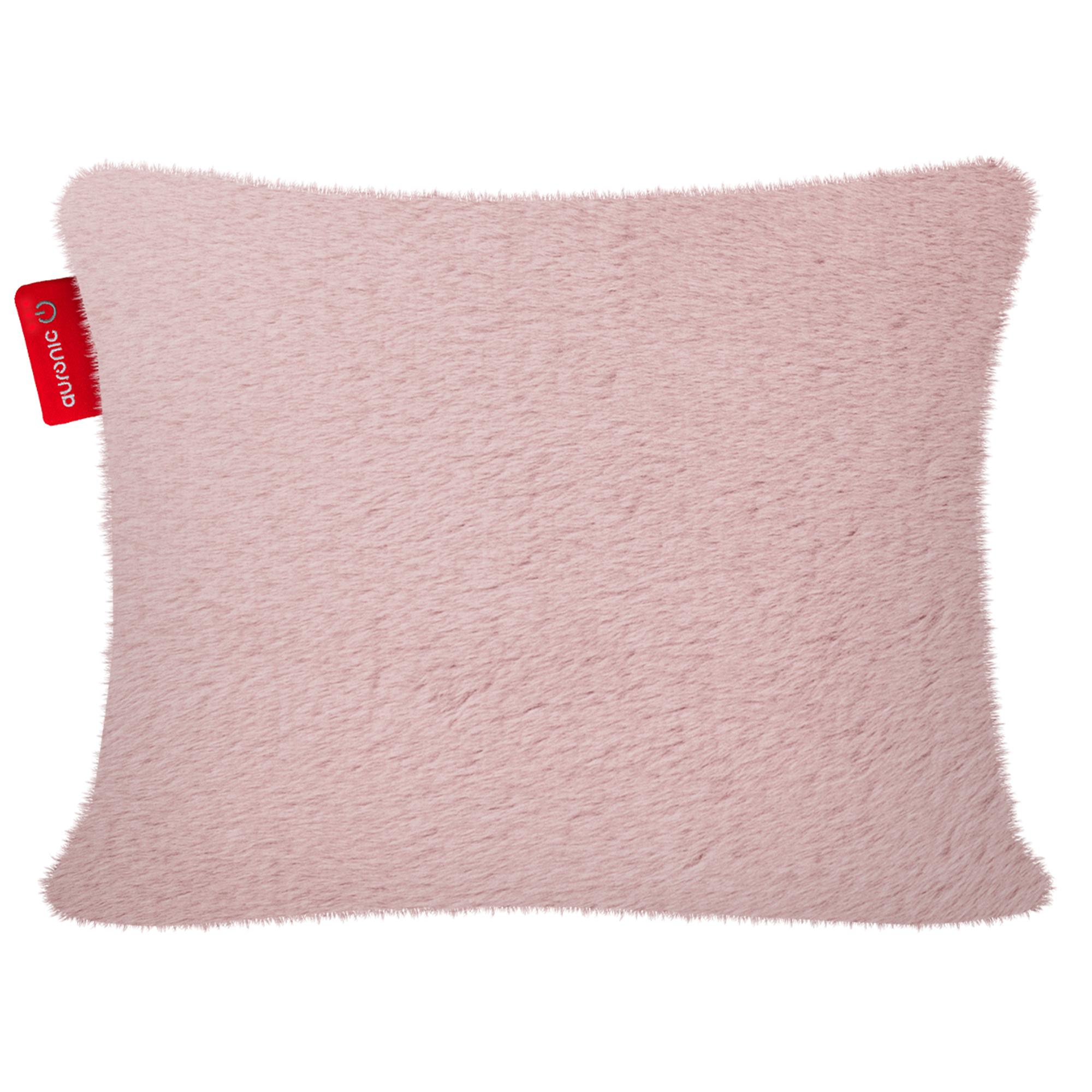 Un oreiller rose rectangulaire et duveteux avec une étiquette rouge indiquant 'auronic'.