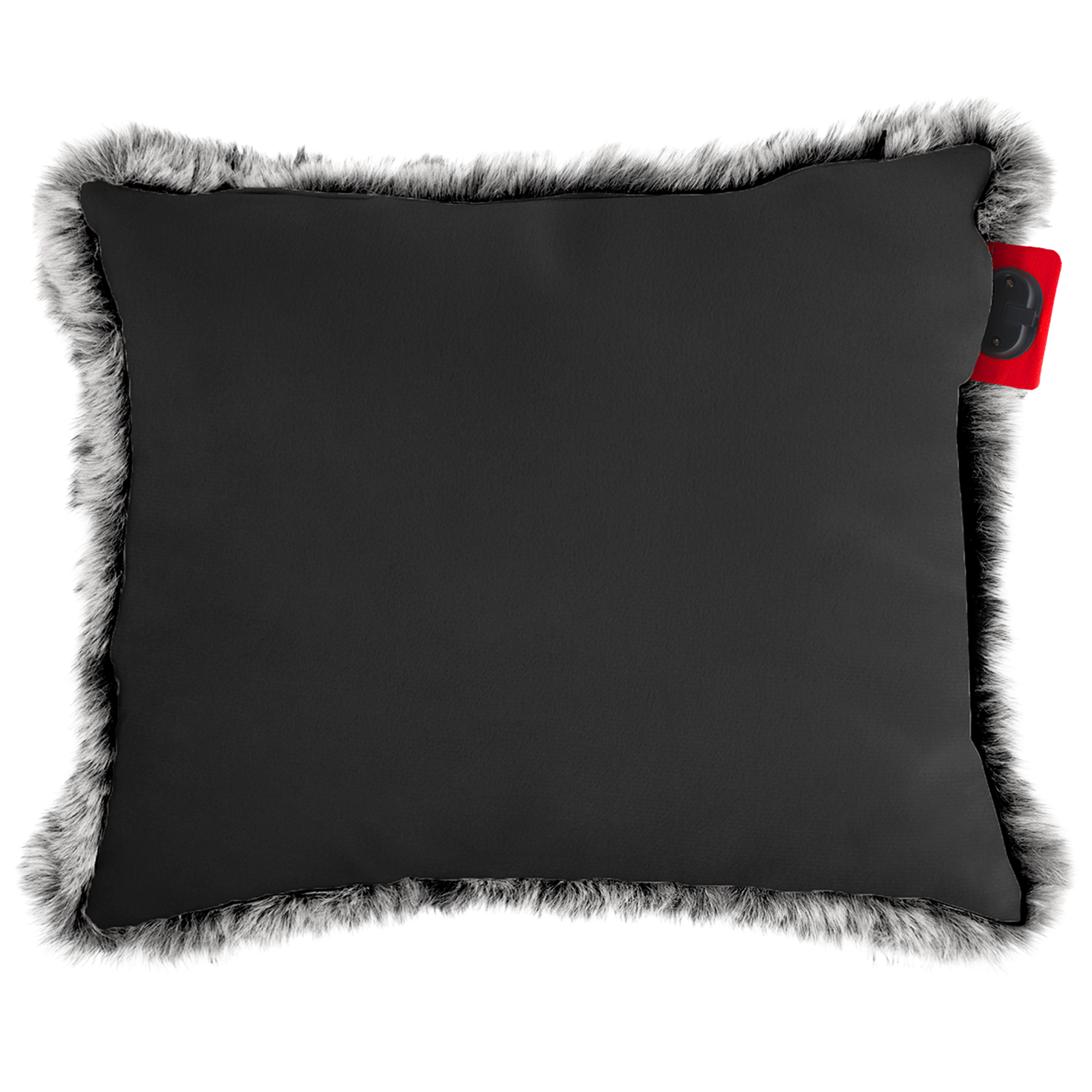 A black rectangular pillow with gray fur trim. A red tag is attached to the upper right corner.