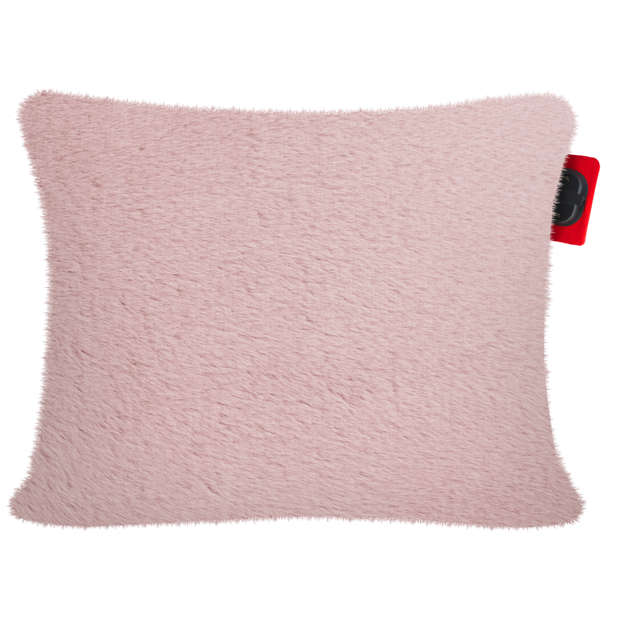 Un oreiller rectangulaire rose clair et duveteux avec une étiquette rouge attachée.