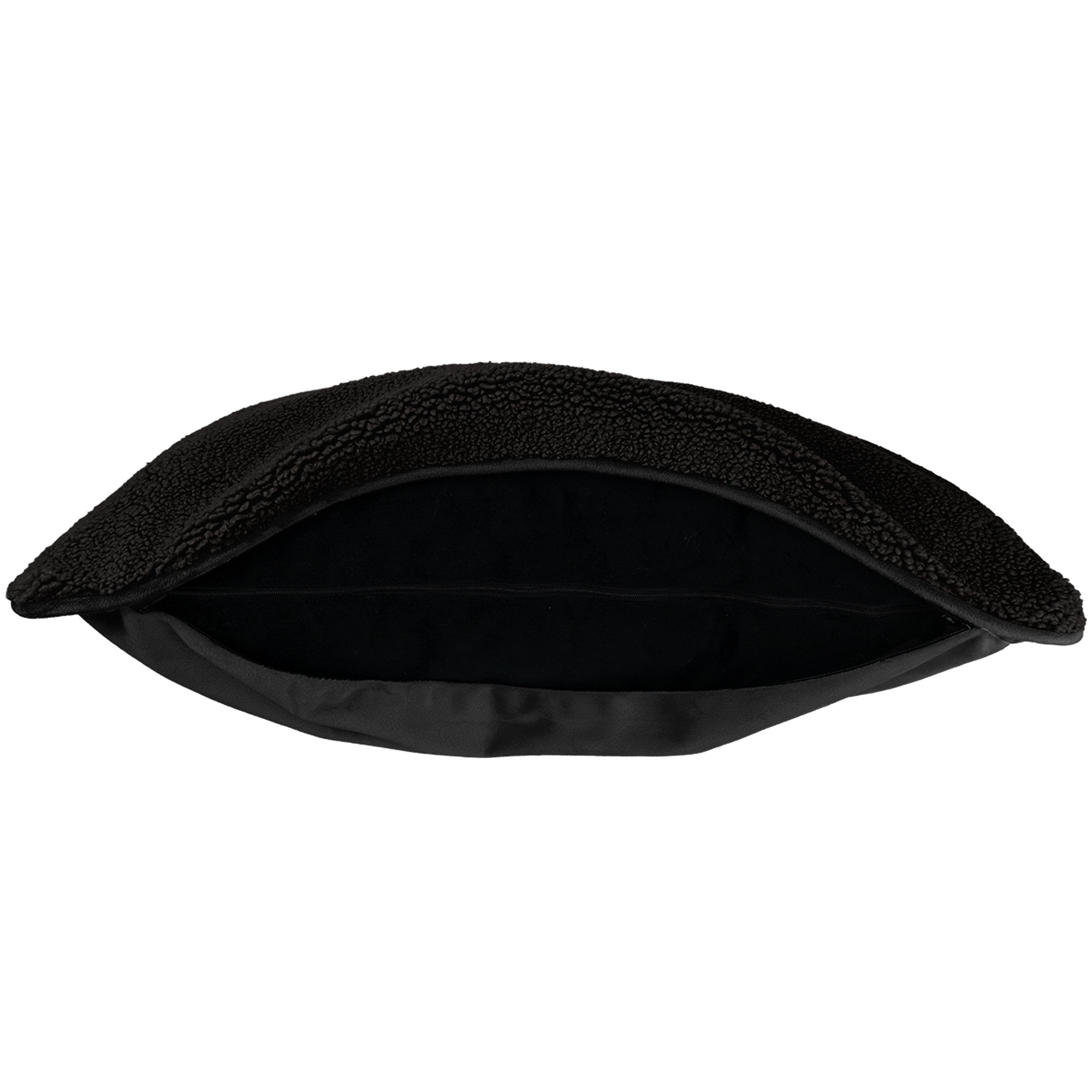 Un oreiller noir avec un dessus moelleux et un dessous lisse et foncé, ouvert pour révéler l'intérieur.