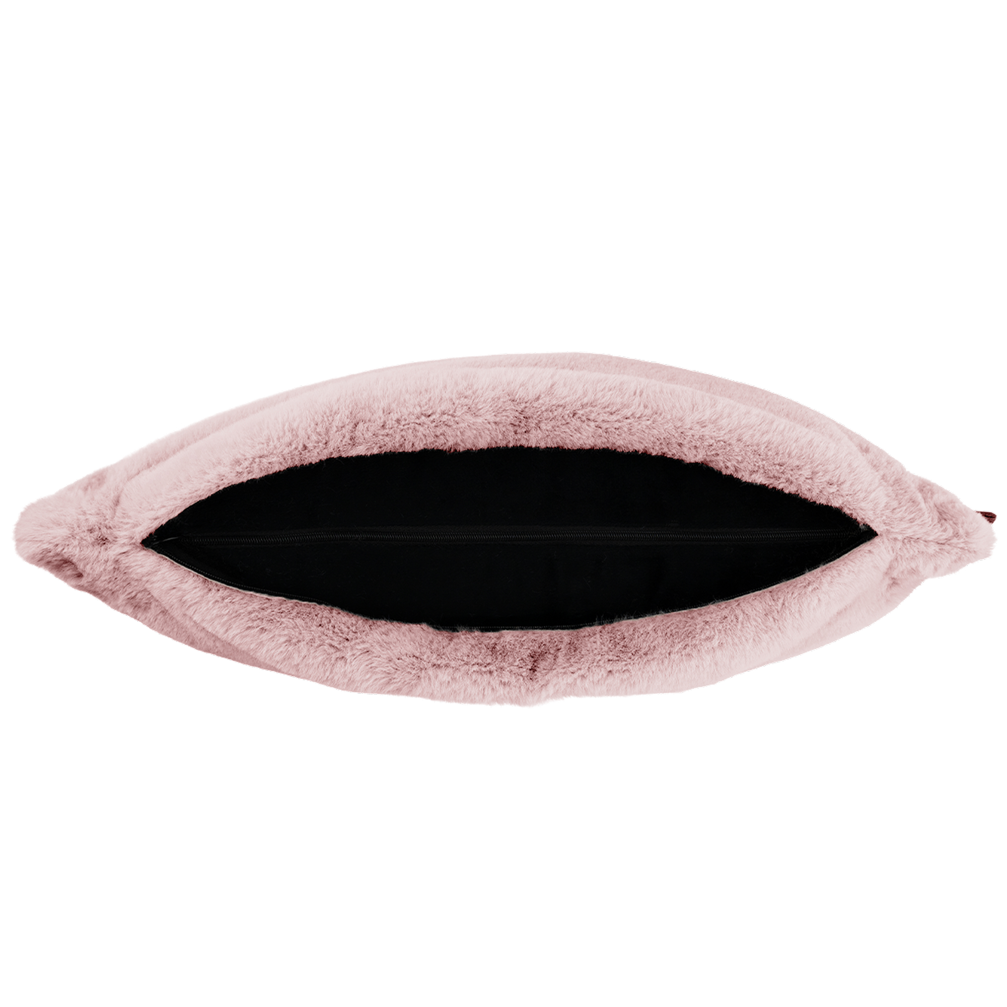 Une pochette rose et duveteuse avec un intérieur noir et une fermeture éclair.