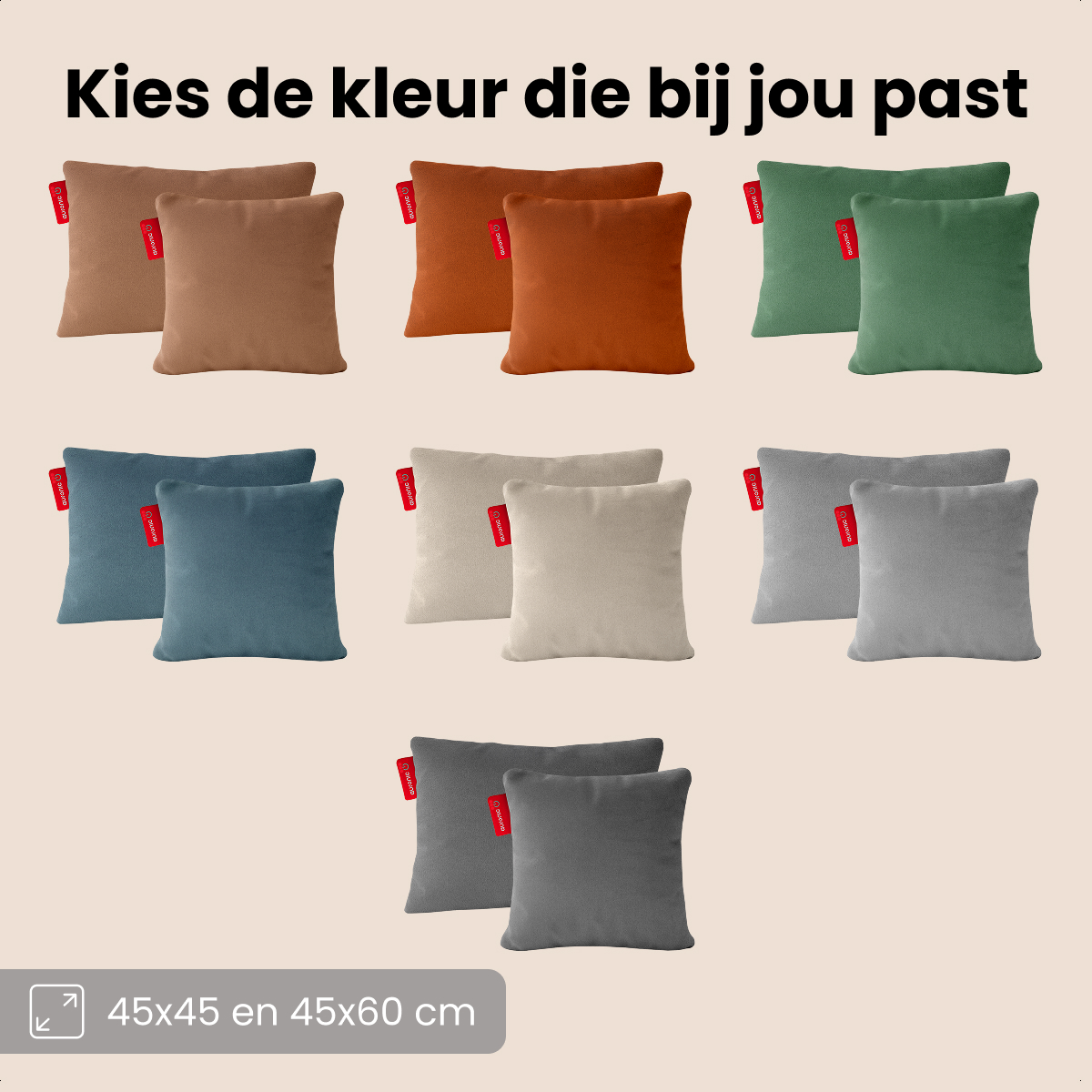 Nine pairs of square pillows in various colors: brown, orange, green, blue, beige, and gray. Text at the top. Dimensions at the bottom.