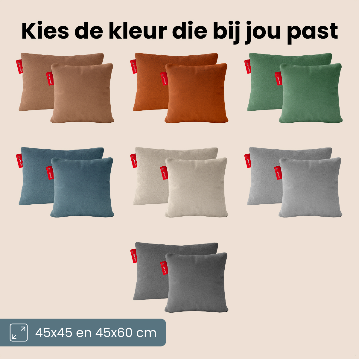 L'image affiche plusieurs paires de coussins carrés de différentes couleurs : marron, orange, vert, bleu, beige, gris et gris foncé. Le texte dit : 'Choisissez la couleur qui vous convient'.