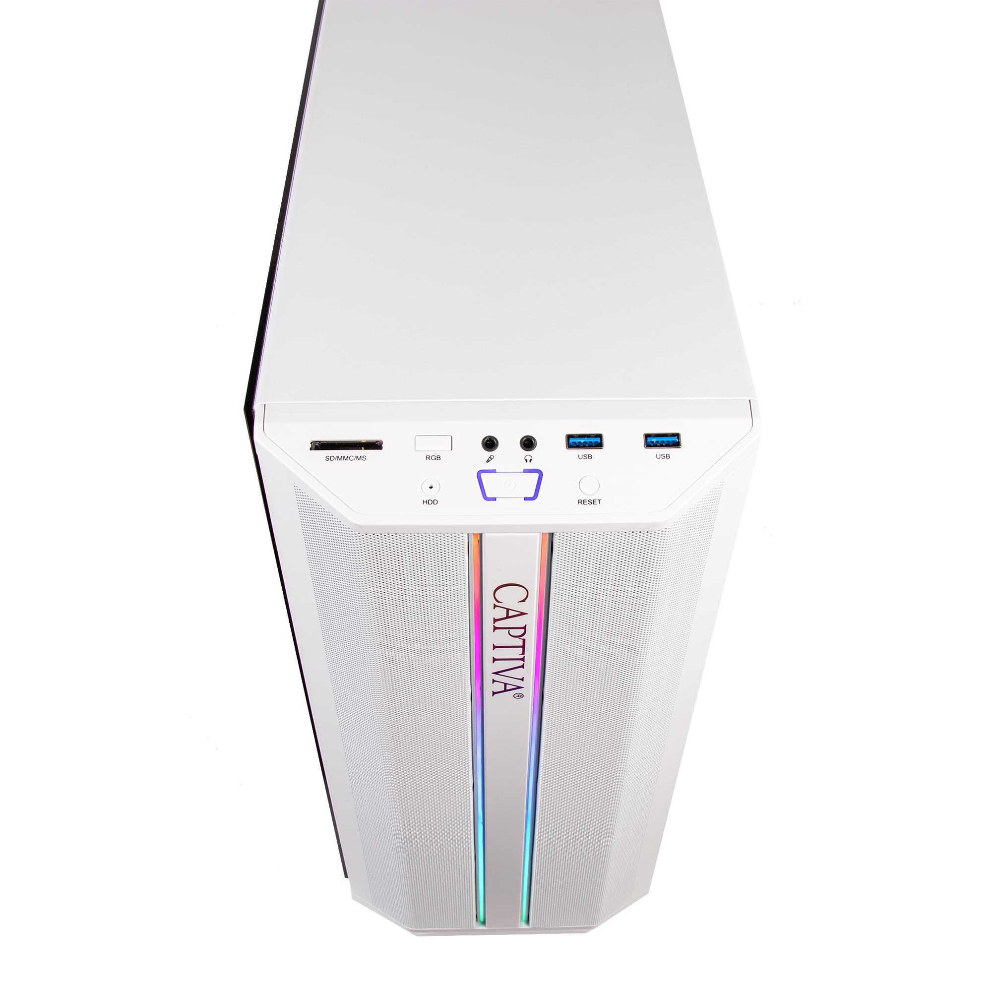 Un boîtier d'ordinateur blanc avec des boutons en façade et un logo Captiva. Il possède des ports USB et d'autres options d'entrée.