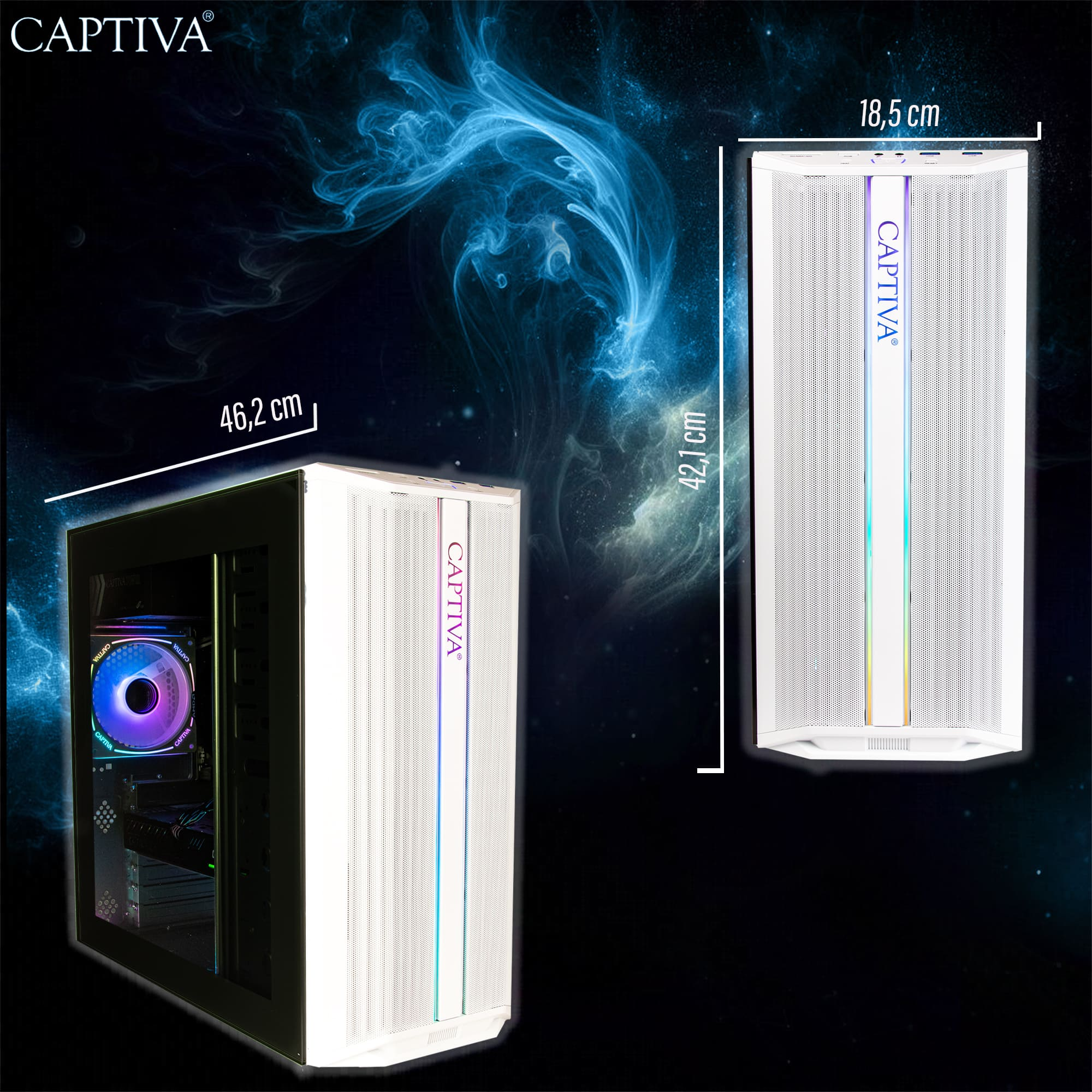 Un boîtier PC Captiva blanc est présenté, avec des dimensions indiquées. À l'intérieur, un ventilateur éclairé et des composants sont visibles. Fond bleu.
