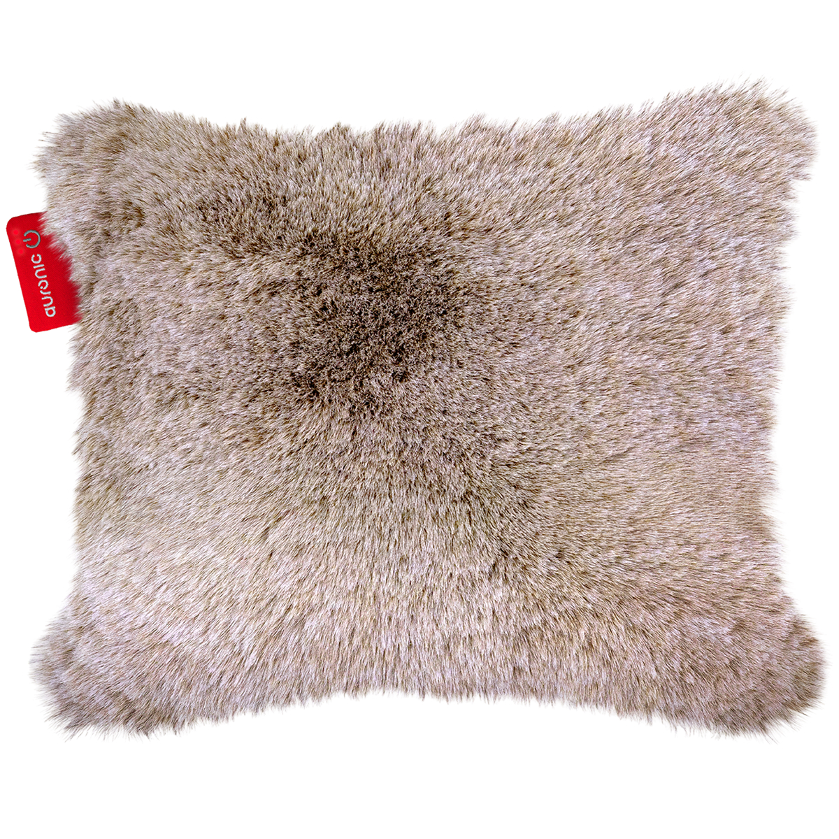 Un coussin rectangulaire et moelleux dans des tons brun clair. Une étiquette rouge avec du texte blanc est attachée en haut à gauche.