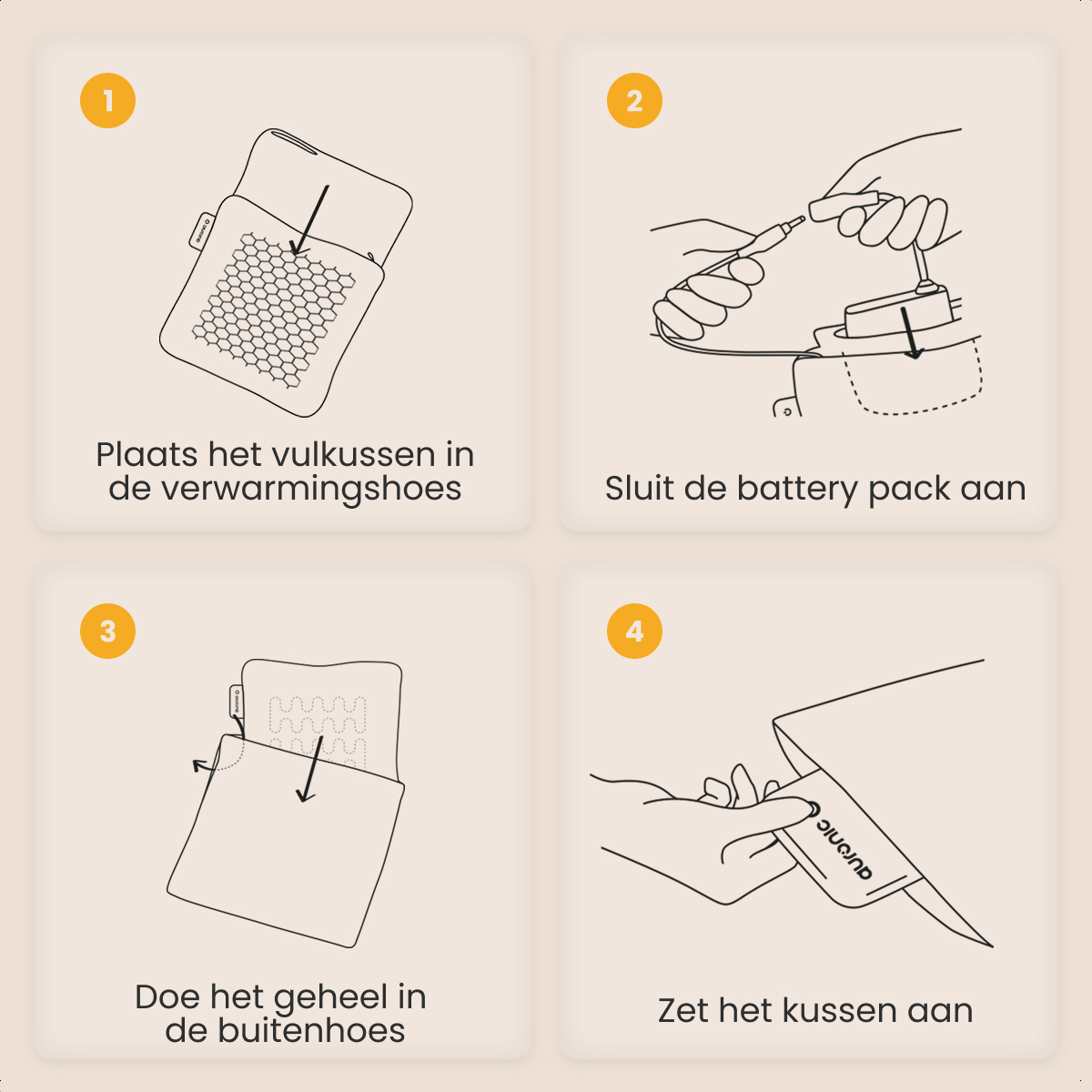 Instructions : Placer le coussin, connecter la batterie, insérer dans la housse extérieure et allumer. Illustrations montrent chaque étape.