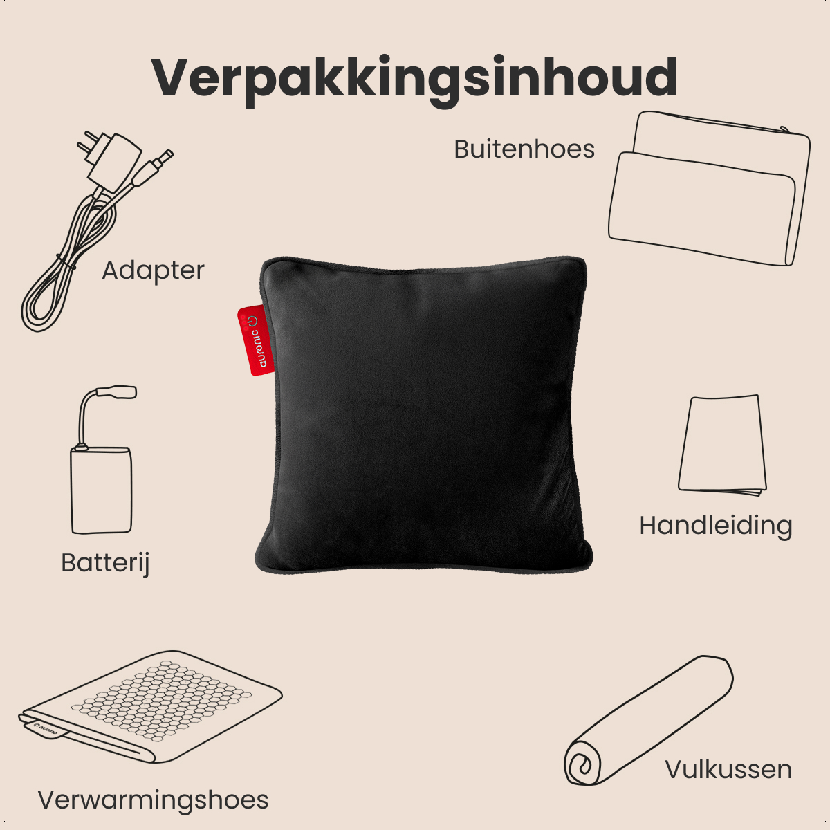 Een zwart kussen met een adapter, batterij, buitenhoes, instructie, verwarmingsschoenen en een kussenrol worden getoond.