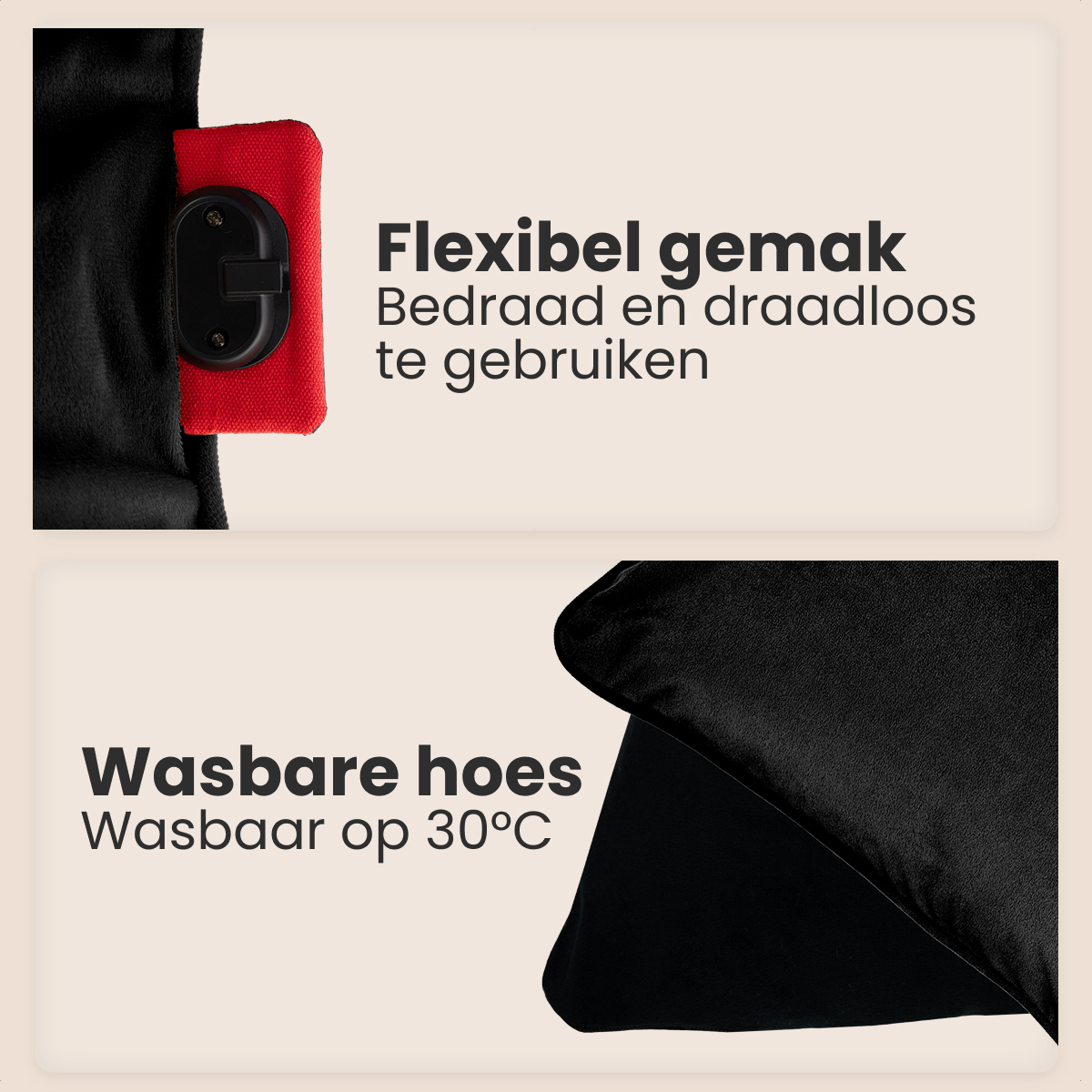 Afbeelding toont tekst over een product. Boven: rode stof met zwarte clip. Onder: zwarte stof. Tekst: flexibel en wasbaar.