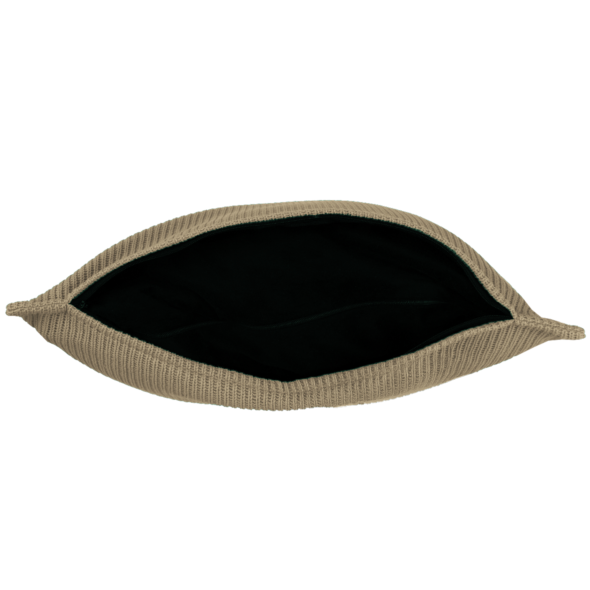 Een open, beige gebreid kussen met een zwart interieur. Het kussen is ovaal van vorm met een ritssluiting langs de opening.