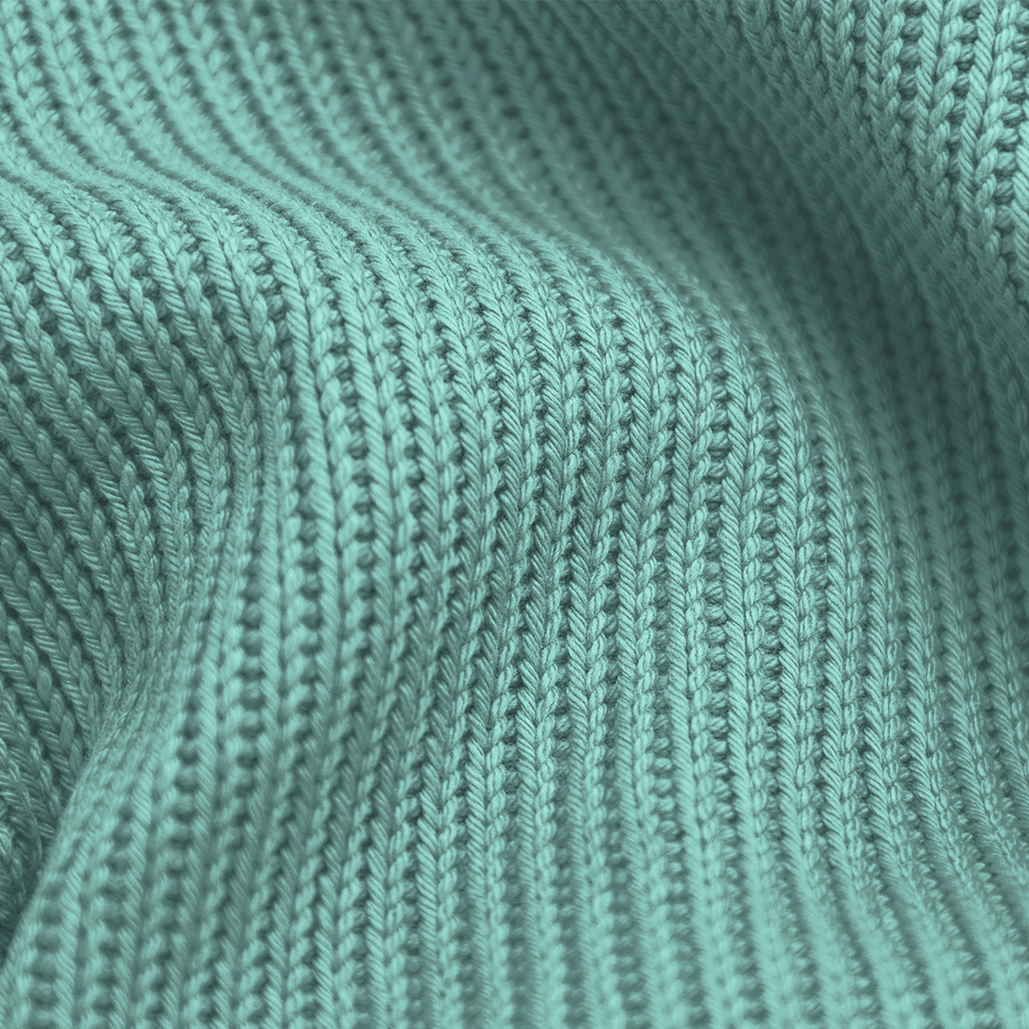 Close-up van teal gebreide stof met een geribbelde textuur. De stof is golvend en toont schaduwen en highlights.