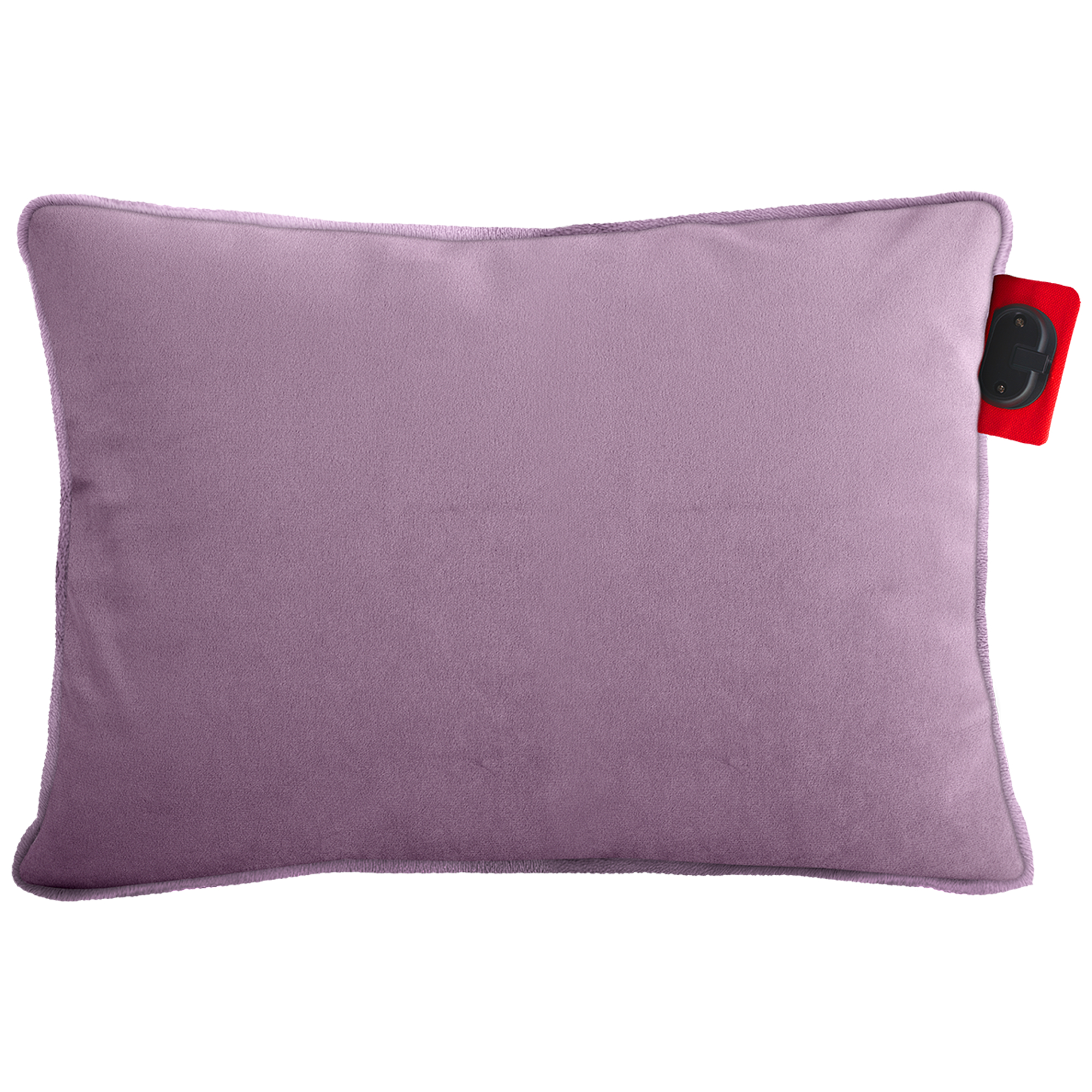 Een rechthoekig lavendelkleurig kussen met een rood label en een zwart onderdeel aan de rechterkant.