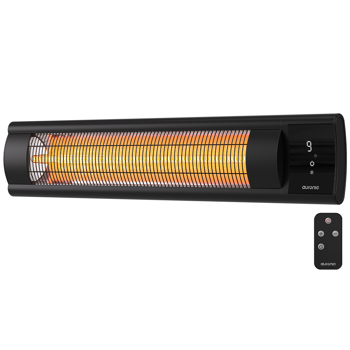 Een zwarte aan de muur gemonteerde elektrische kachel met afstandsbediening. De kachel heeft een oranje gloeiend verwarmingselement.
