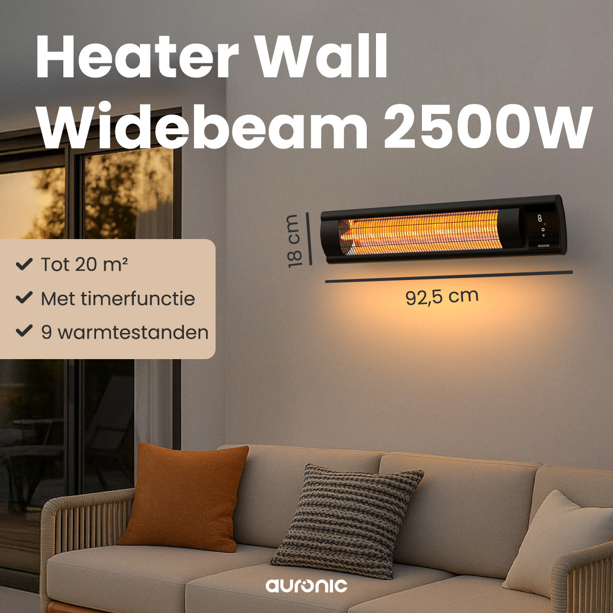 Een aan de muur gemonteerde kachel boven een bank met kussens. Tekst toont 'Heater Wall Widebeam 2500W', afmetingen en kenmerken.
