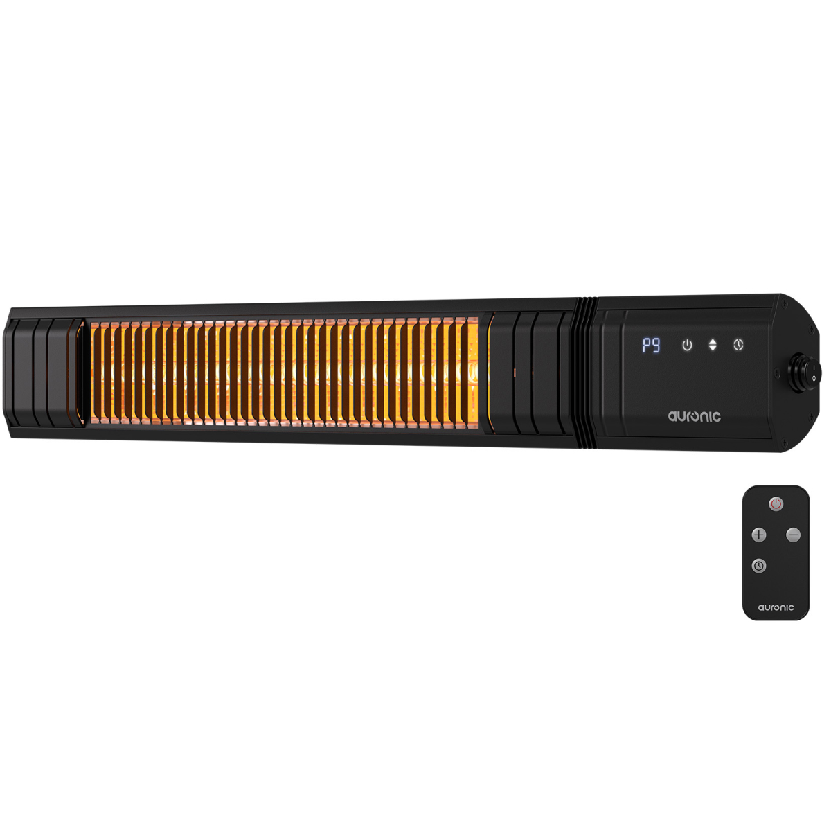 Een zwarte Auronic-verwarmer met feloranje elementen, een afstandsbediening en een digitaal display. Op een witte achtergrond.