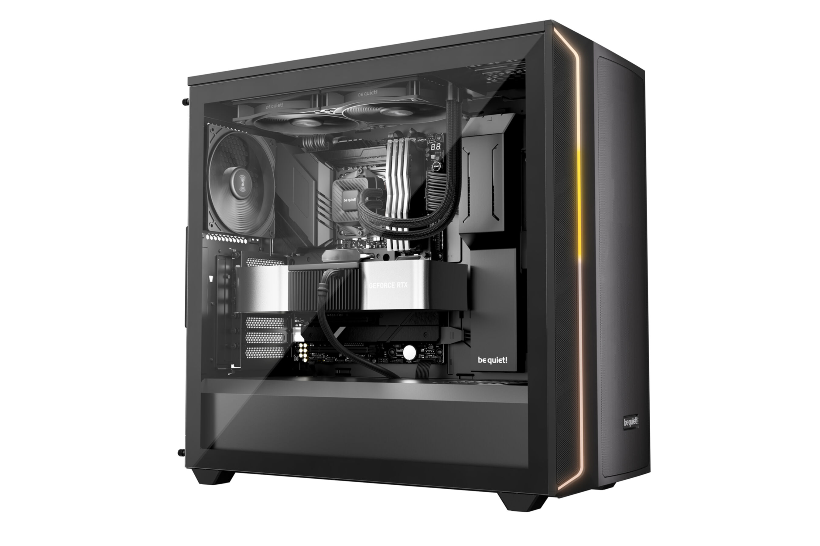 A black computer case with components inside, including a graphics card and cooling fans. The side has an orange light.