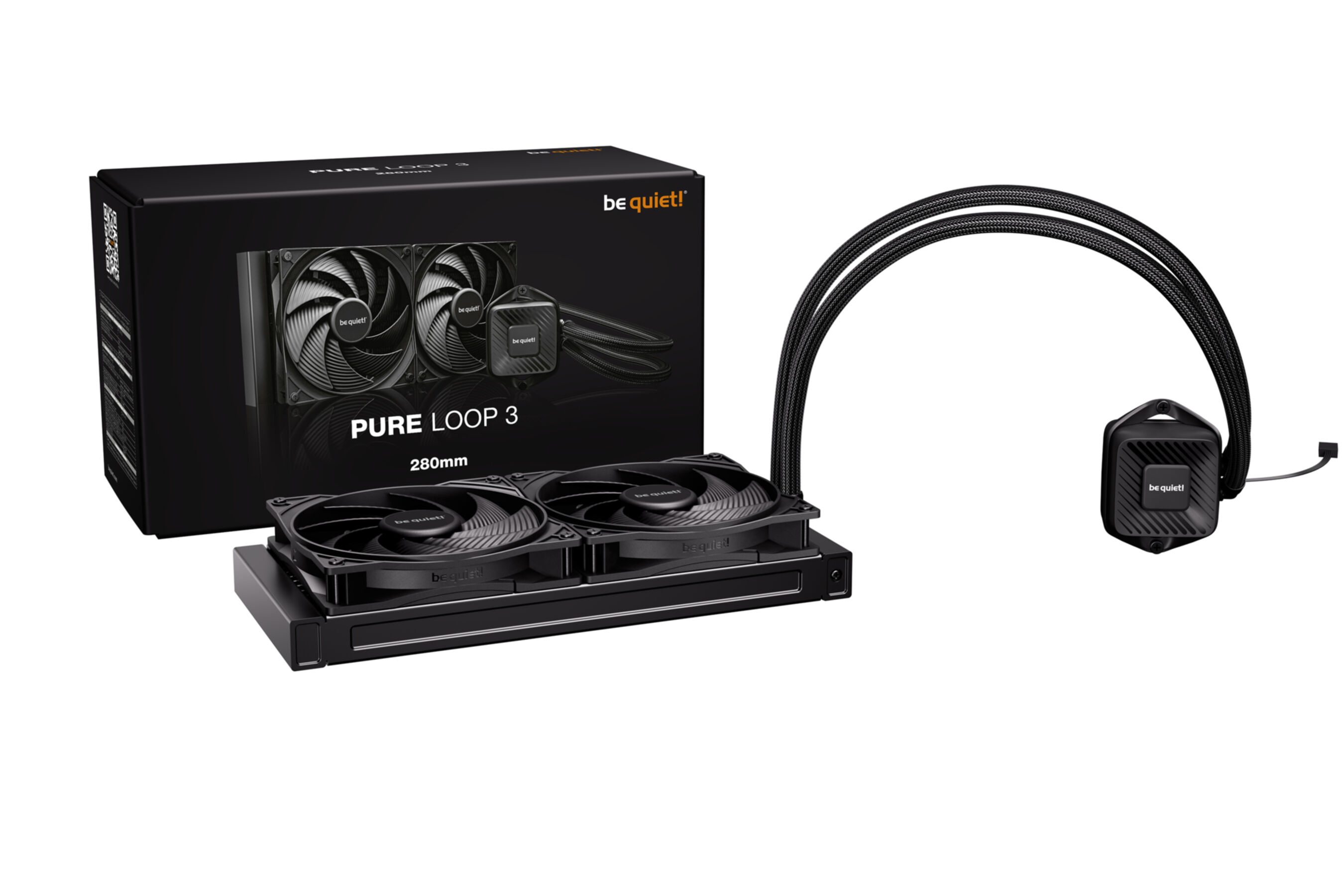 A black be quiet! Pure Loop 3 CPU cooler. It features fans, a pump, and a radiator. The box is in the background.