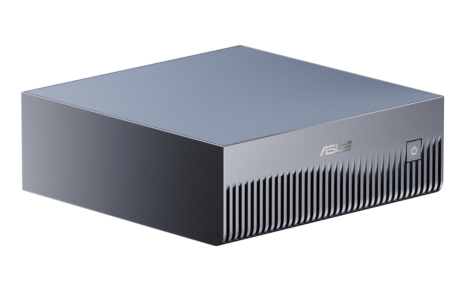 Srebrny mini komputer ASUS na białym tle. Ma przycisk zasilania i logo ASUS. Górna część ma liniowe rowki.