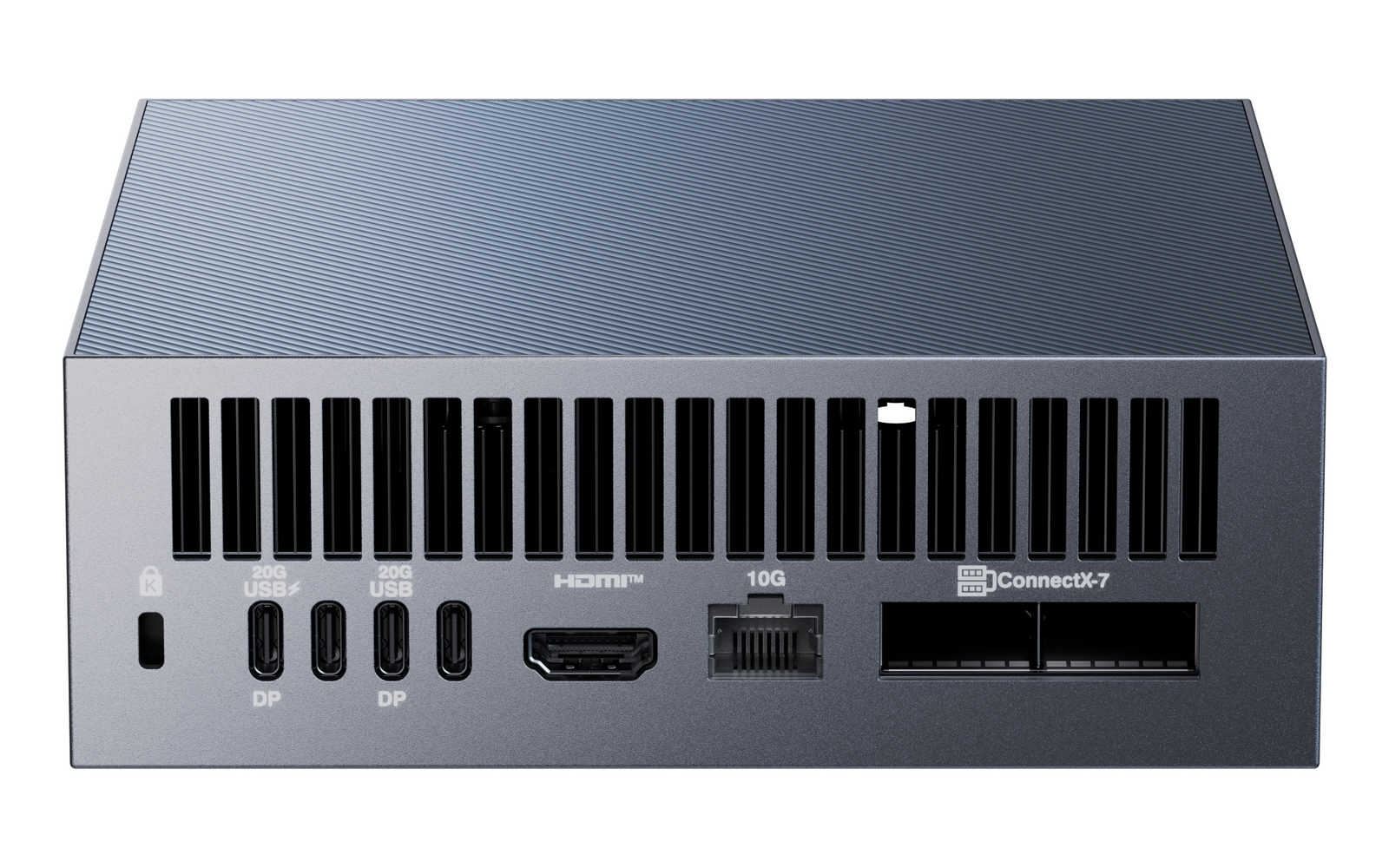 Szare urządzenie ConnectX-7. Posiada porty USB, HDMI i Ethernet. Górna i przednia część mają żebrowany design.