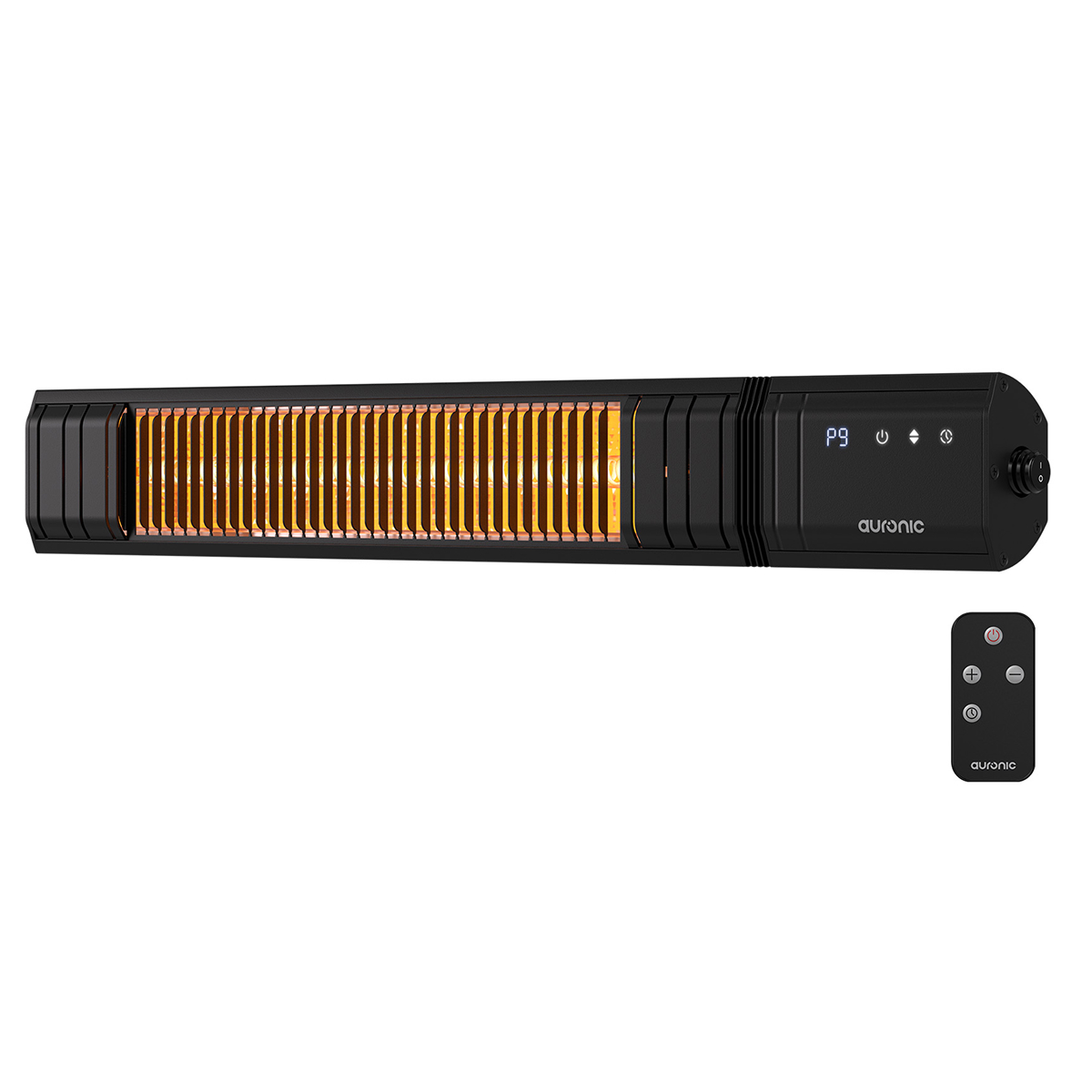 Un radiateur infrarouge Auronic noir avec un élément chauffant orange vif, une télécommande et un affichage numérique.