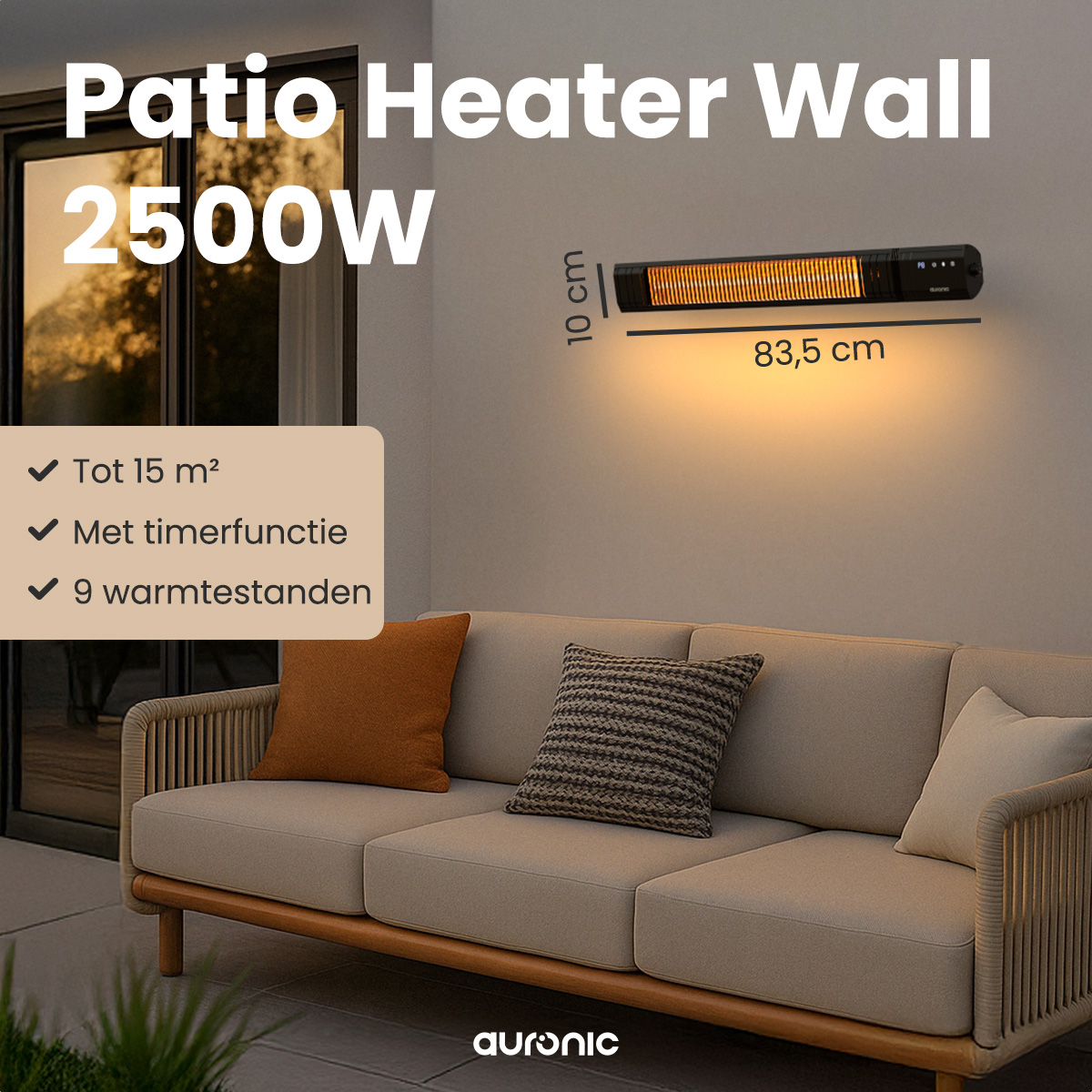 Un radiateur de terrasse mural est au-dessus d'un canapé beige avec des oreillers. Le texte indique 2500W, 83,5 cm et 10 cm de dimensions.