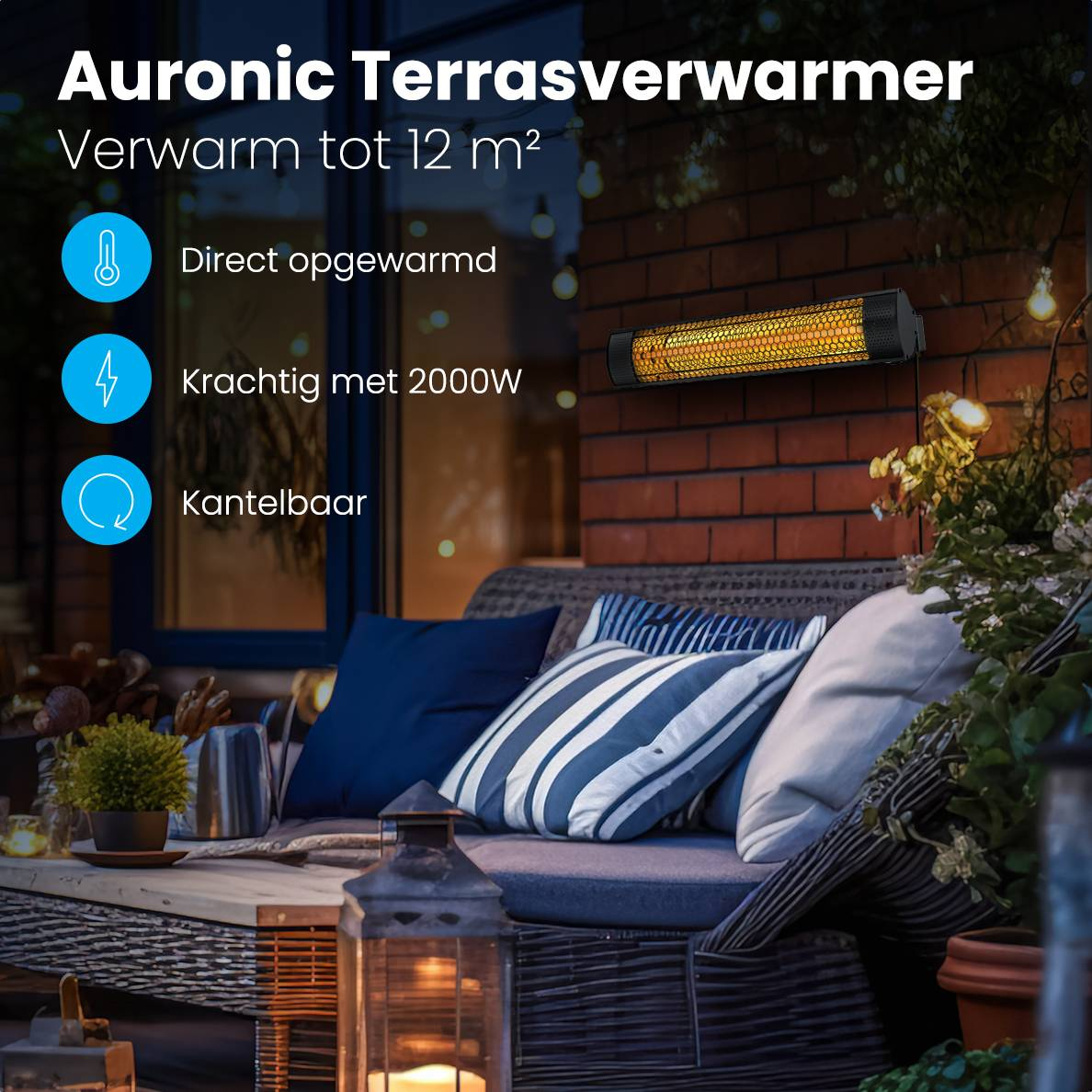 Scène extérieure avec chauffage, canapé, coussins et plantes. Chauffage sur mur de briques. Texte: Auronic Terrasverwarmer, Verwarm tot 12 m².