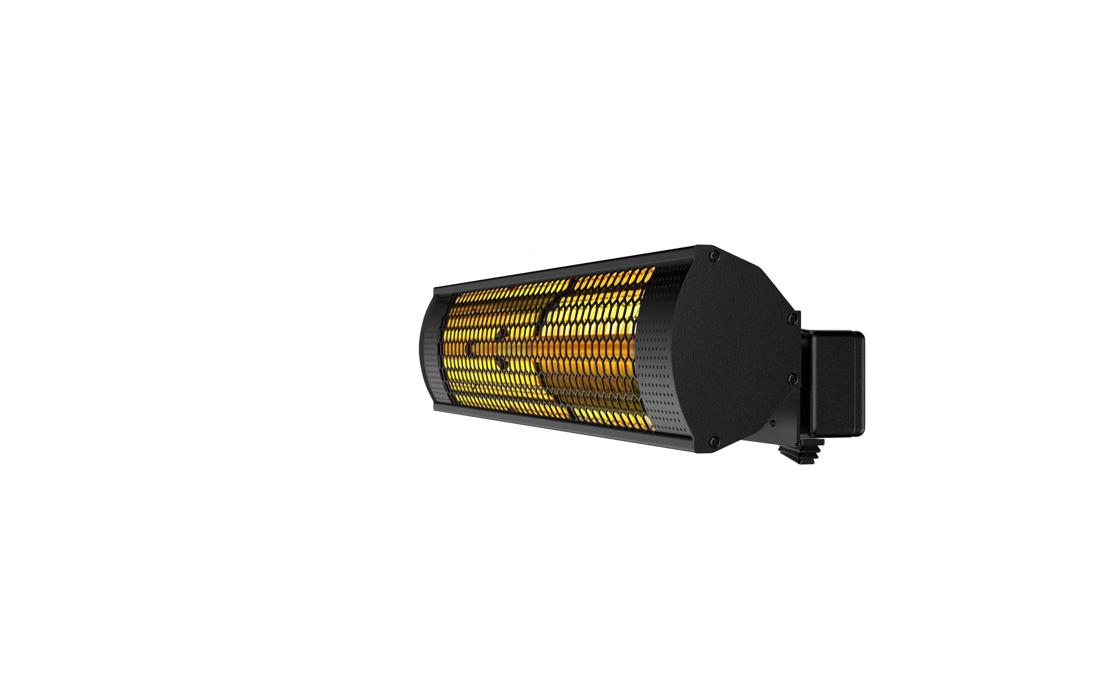 Radiateur infrarouge noir horizontal sur fond blanc. Le radiateur a un design cylindrique avec un élément chauffant jaune.