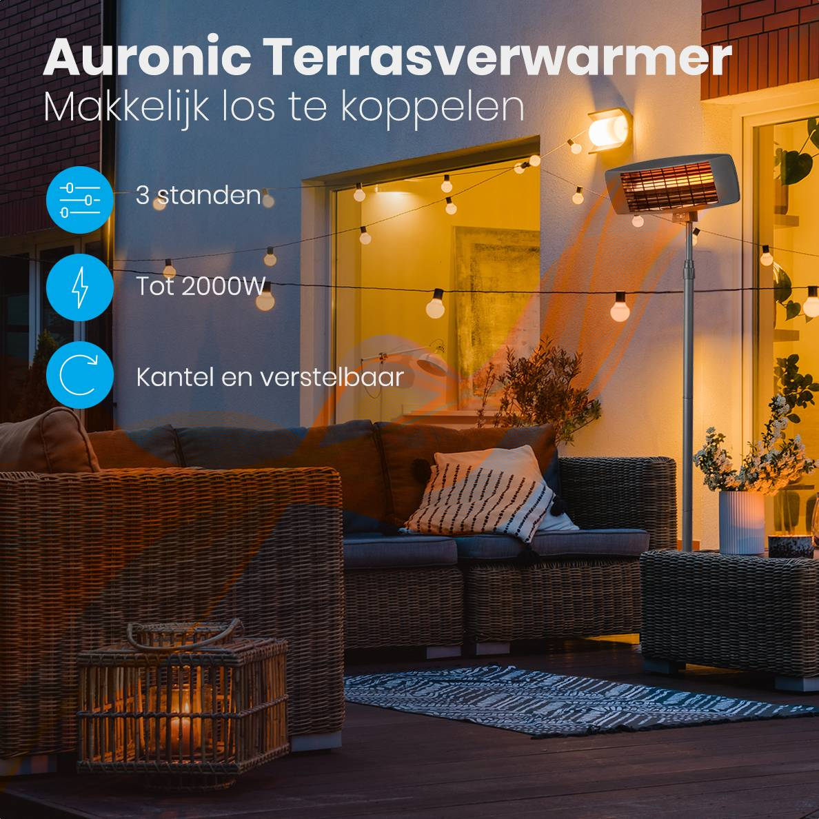 Ein Terrassenheizer steht auf einer Terrasse mit Möbeln. Lichterketten beleuchten den Bereich. Text beschreibt Merkmale des Heizers.