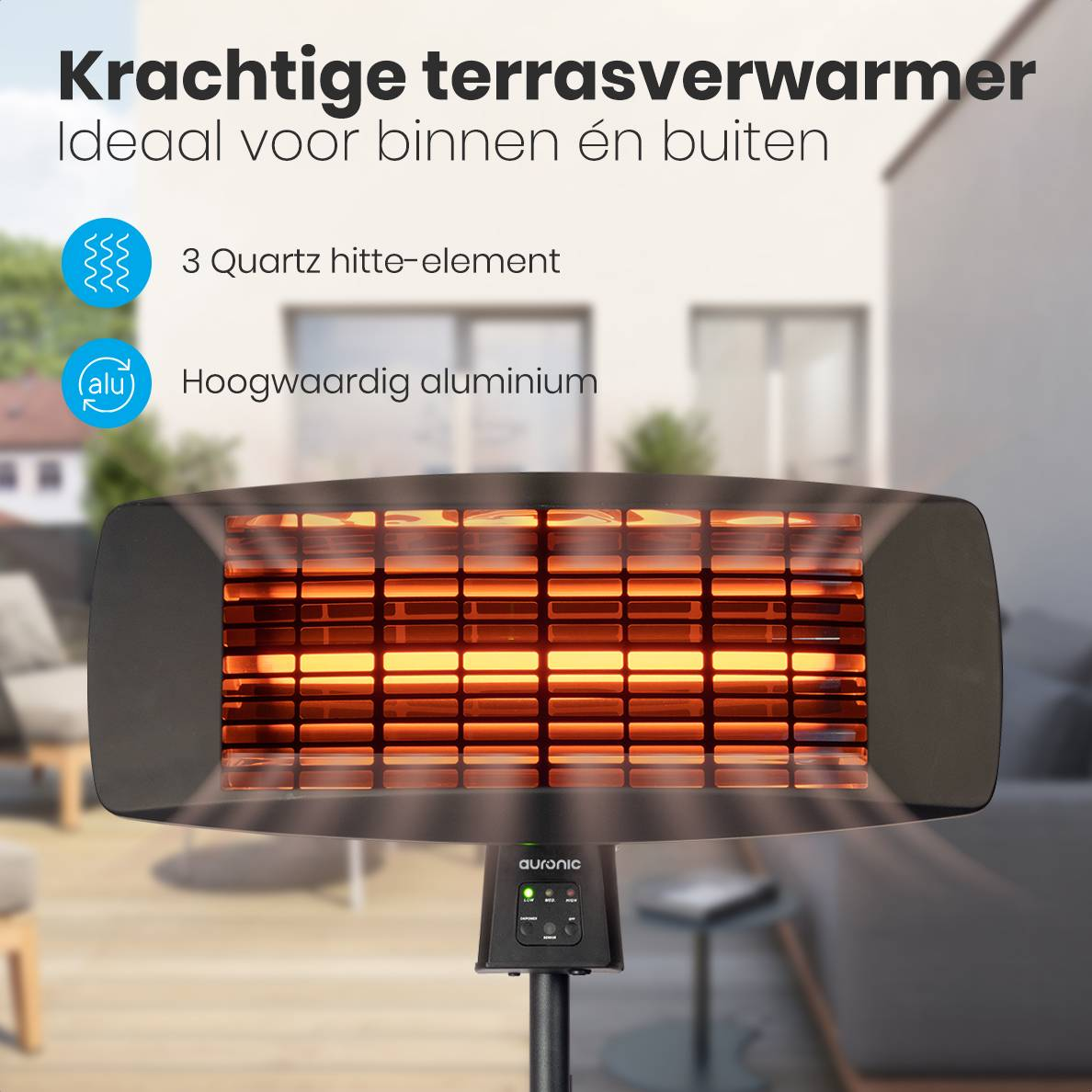 Ein schwarzer Terrassenheizer mit orangefarbenen Glühelementen. Der Text lautet 'Krachtige terrasverwarmer' und '3 Quartz hitte-element'.