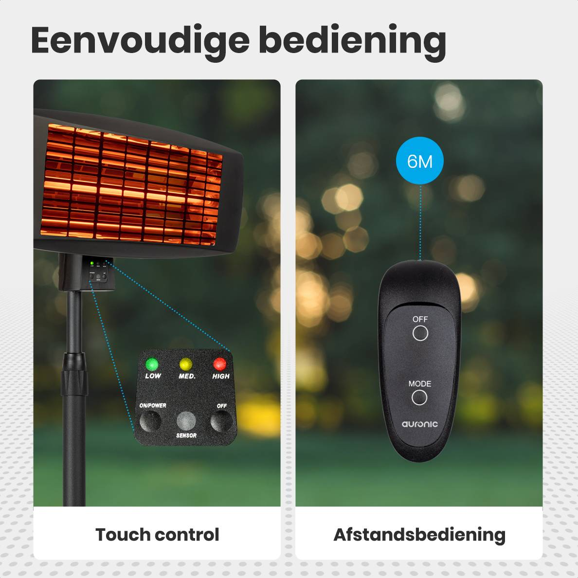 Das Bild zeigt einen Außenheizer mit Touch-Control und Fernbedienung. Der Heizer hat niedrige, mittlere, hohe Einstellungen und Fernbedienung.