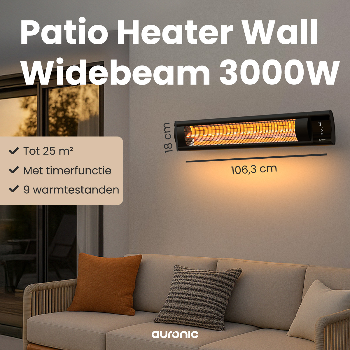 Un radiateur de terrasse noir est fixé au mur, au-dessus d'un canapé. Le texte indique 3000W, 106,3 cm, minuterie et réglages de chaleur.