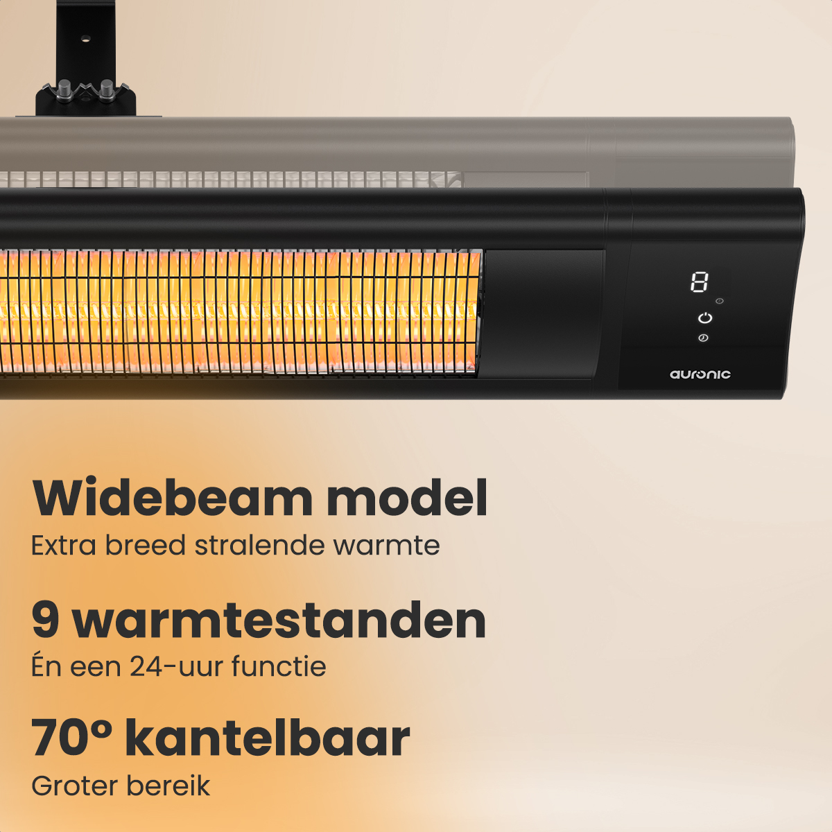 Un radiateur Auronic noir avec un élément chauffant éclairé. L'affichage indique '8'. Le texte ci-dessous mentionne 'Modèle Widebeam' et d'autres caractéristiques.