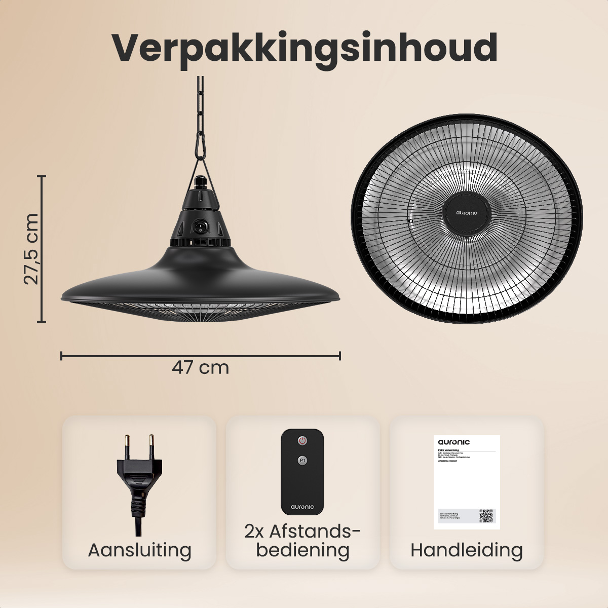 L'image montre un radiateur noir et rond avec télécommande, cordon d'alimentation et manuel. Les dimensions sont affichées. La marque est auronic.